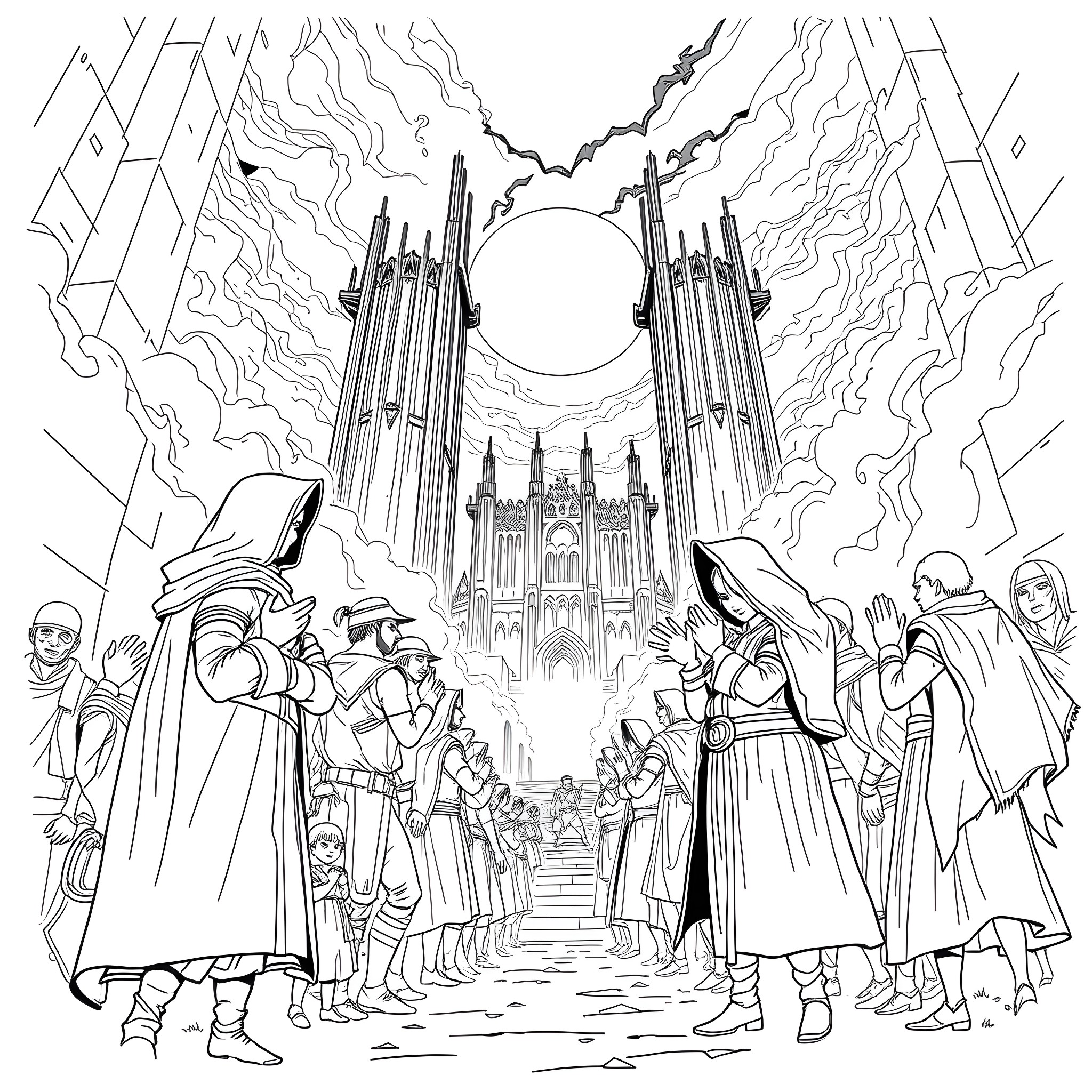 Squid Game: Elaborate Dystopian Landscape with Masked Figures Coloring Page (free black-and-white line drawing printable PDF for all, from beginners to advanced learners, including children, teens, adults, and seniors)