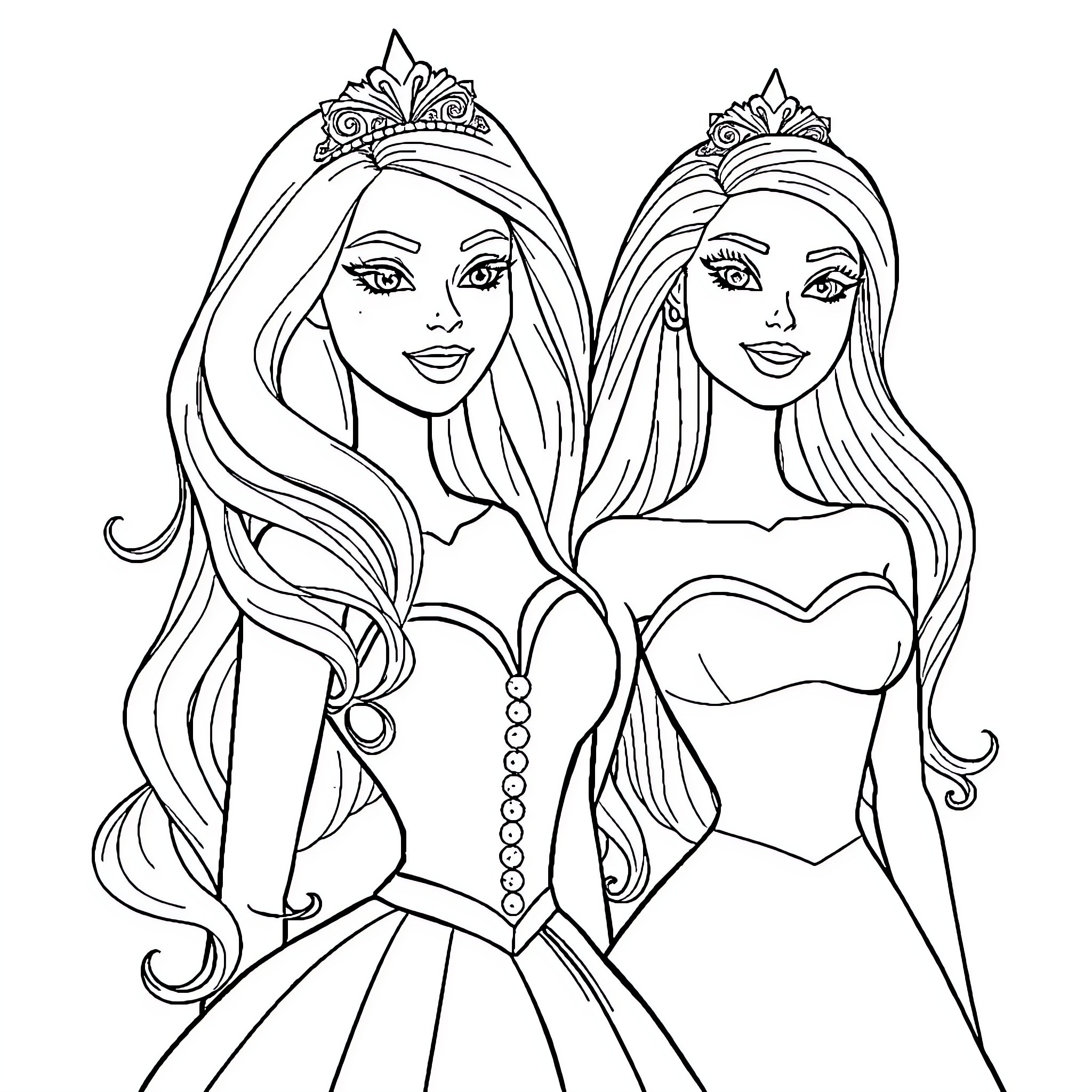 Rapunzel and her friend in elegant dresses Coloring Page (free black-and-white line drawing printable PDF for all, from beginners to advanced learners, including children, teens, adults, and seniors)