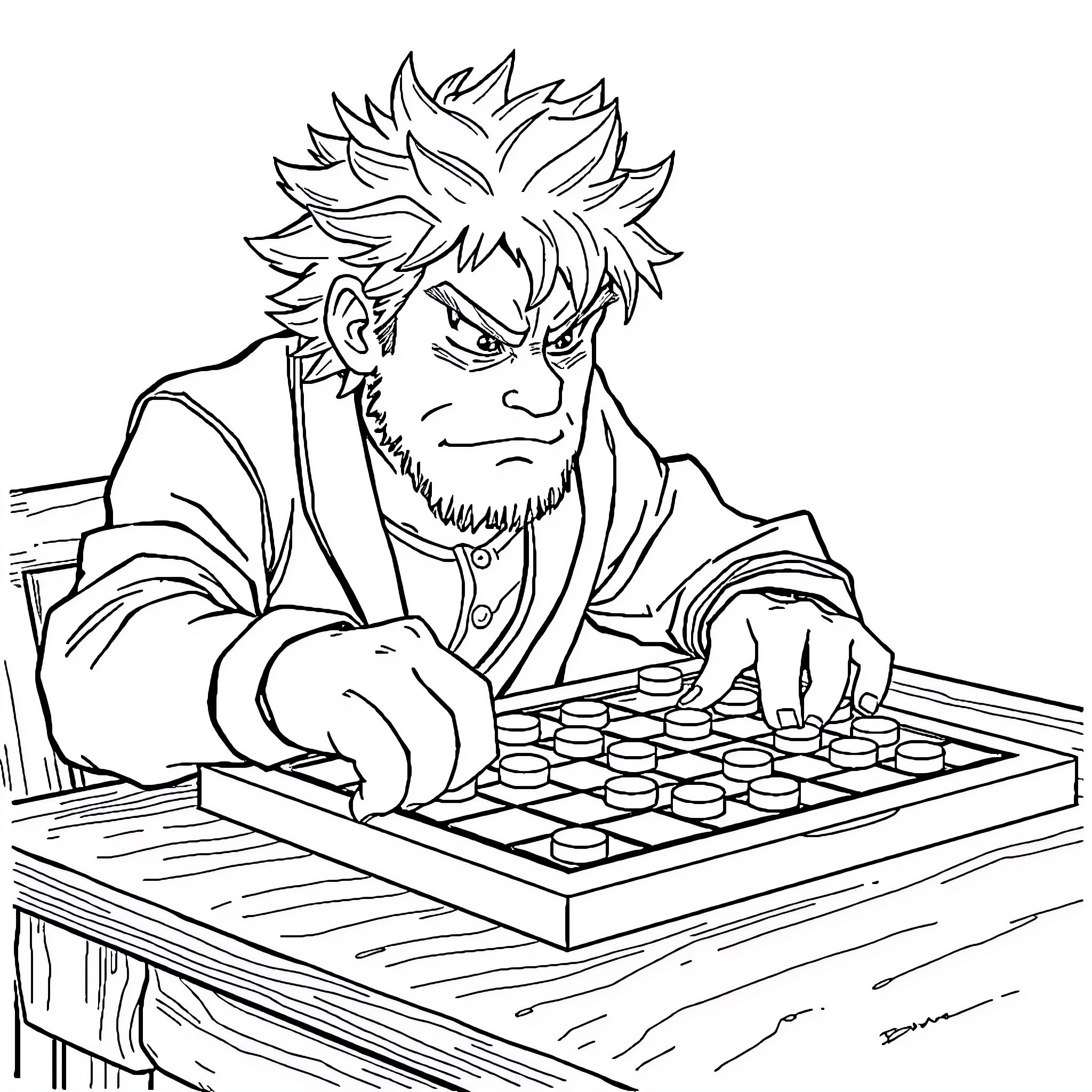 Bakugo playing a board game with intensity Coloring Page (free black-and-white line drawing printable PDF for all, from beginners to advanced learners, including children, teens, adults, and seniors)
