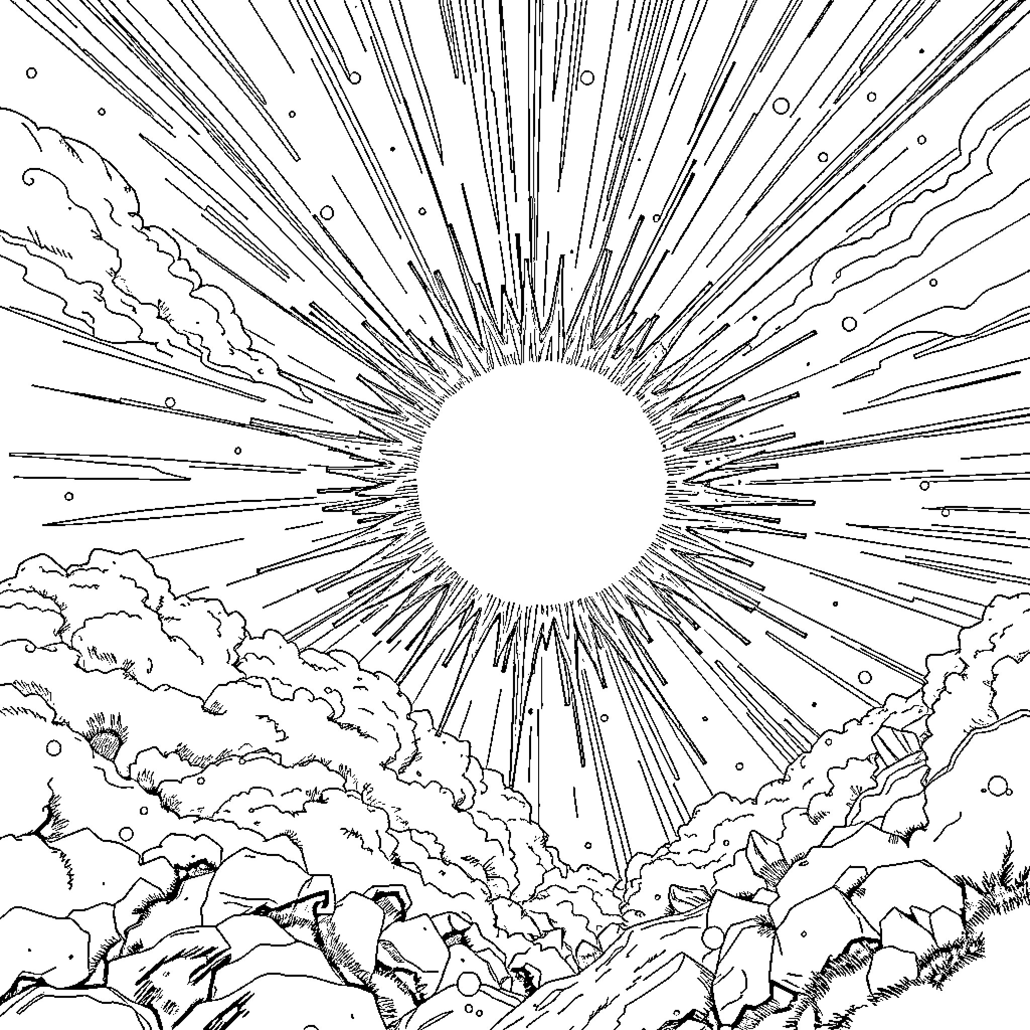 Solar Flare Illuminating the Cloudy Horizon Coloring Page (free black-and-white line drawing printable PDF for all, from beginners to advanced learners, including children, teens, adults, and seniors)