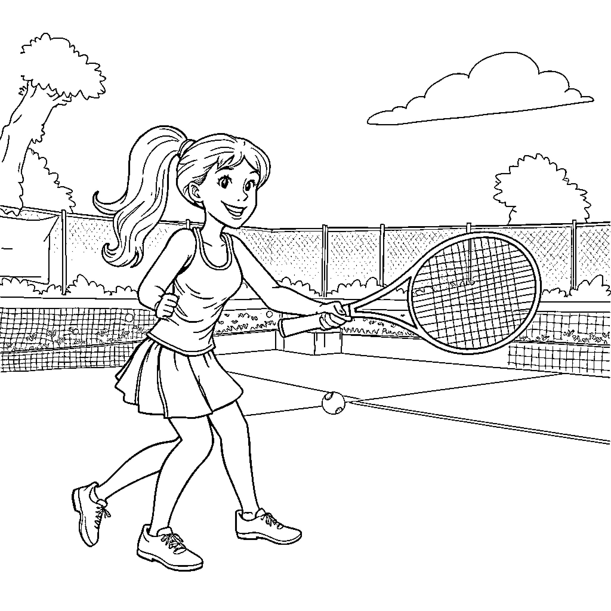 Thalia enjoying a day of tennis on the court Coloring Page (free black-and-white line drawing printable PDF for all, from beginners to advanced learners, including children, teens, adults, and seniors)