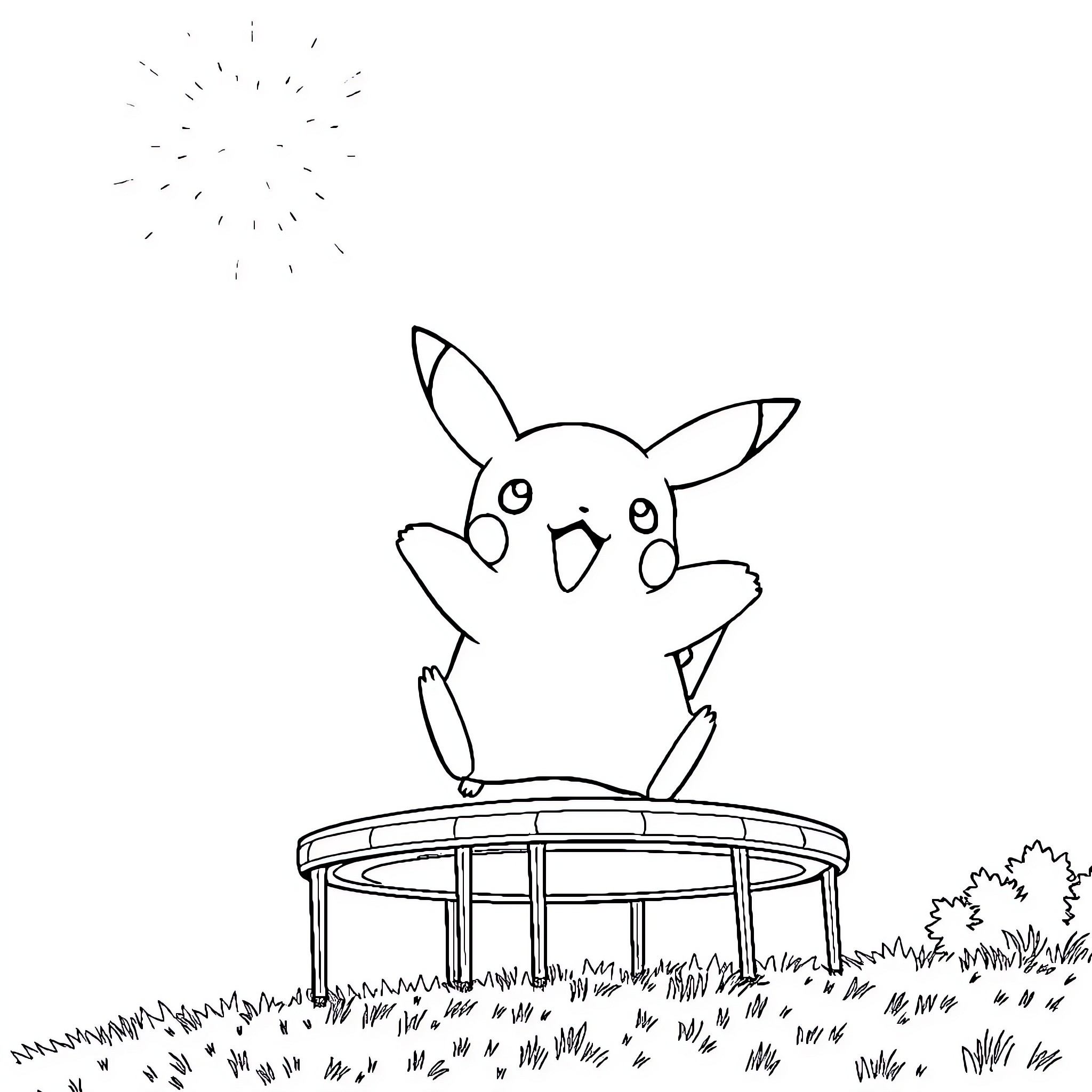 Pikachu enjoying a trampoline under fireworks Coloring Page (free black-and-white line drawing printable PDF for all, from beginners to advanced learners, including children, teens, adults, and seniors)