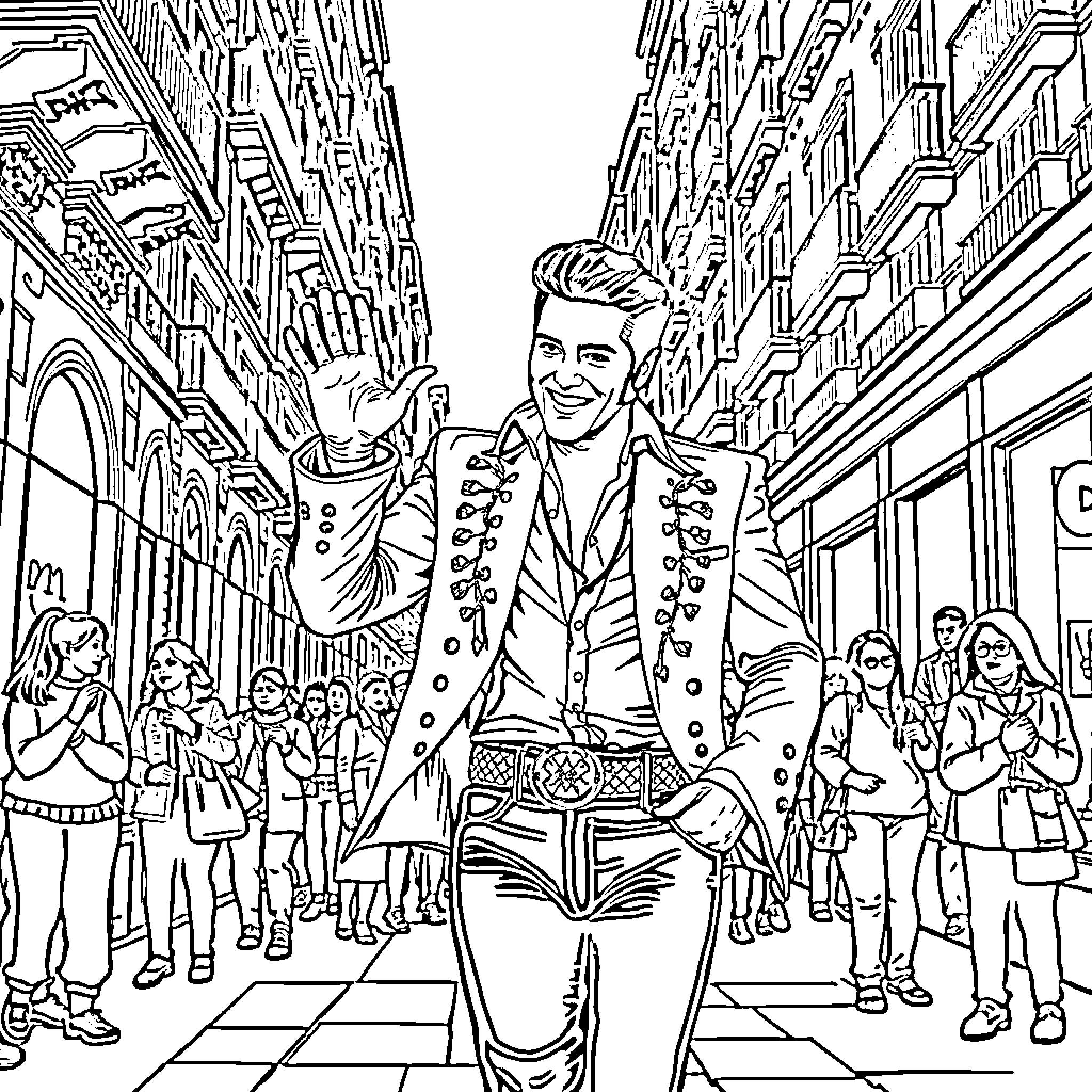 Elvis Presley Performing on the Streets of the City Coloring Page (free black-and-white line drawing printable PDF for all, from beginners to advanced learners, including children, teens, adults, and seniors)