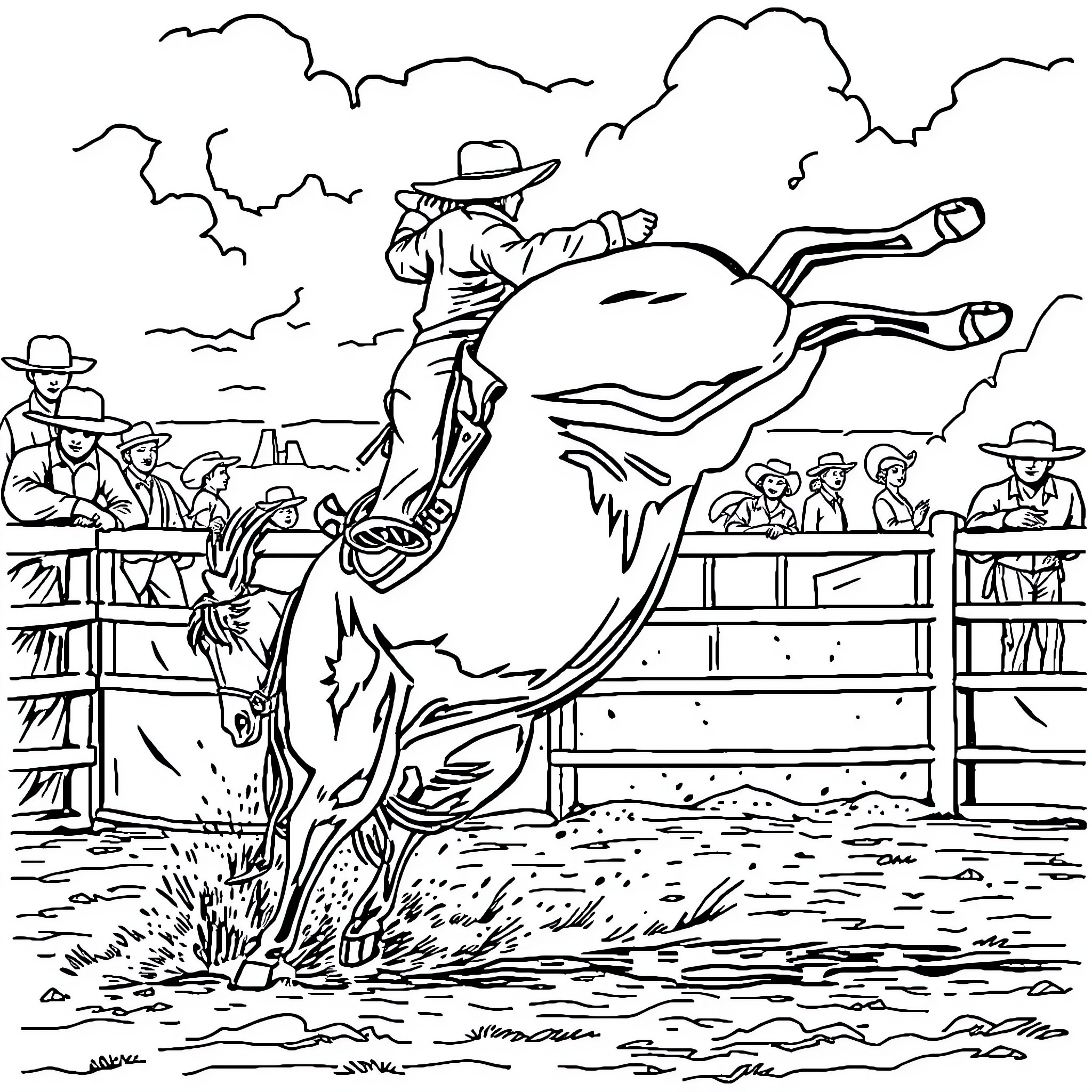 Bronco Riding in the Wild West Rodeo Coloring Page (free black-and-white line drawing printable PDF for all, from beginners to advanced learners, including children, teens, adults, and seniors)