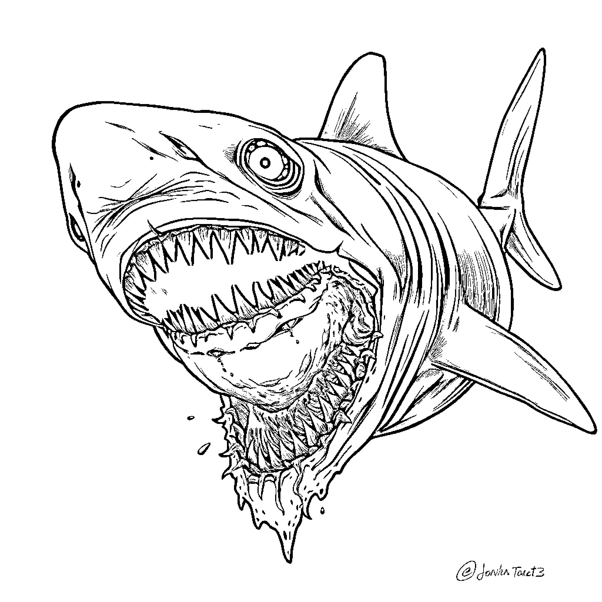 Zombie Shark with Menacing Jaws Coloring Page (free black-and-white line drawing printable PDF for all, from beginners to advanced learners, including children, teens, adults, and seniors)