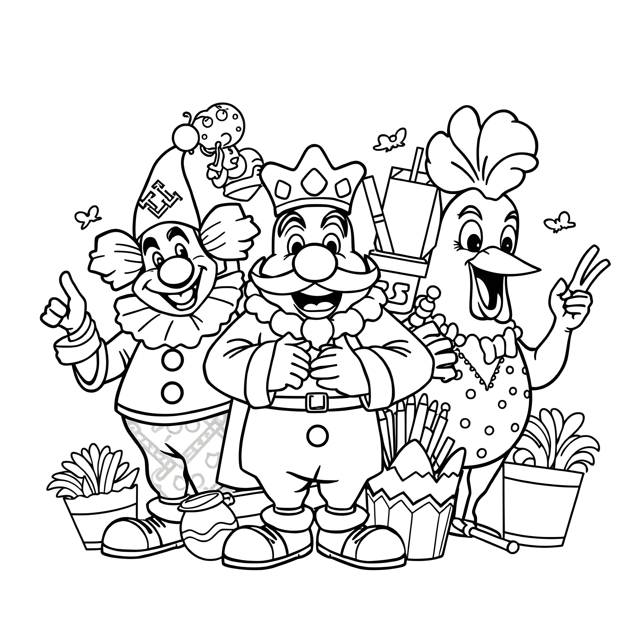 Fast Food Mascots Celebrating with Exaggerated Expressions Coloring Page (free black-and-white line drawing printable PDF for all, from beginners to advanced learners, including children, teens, adults, and seniors)