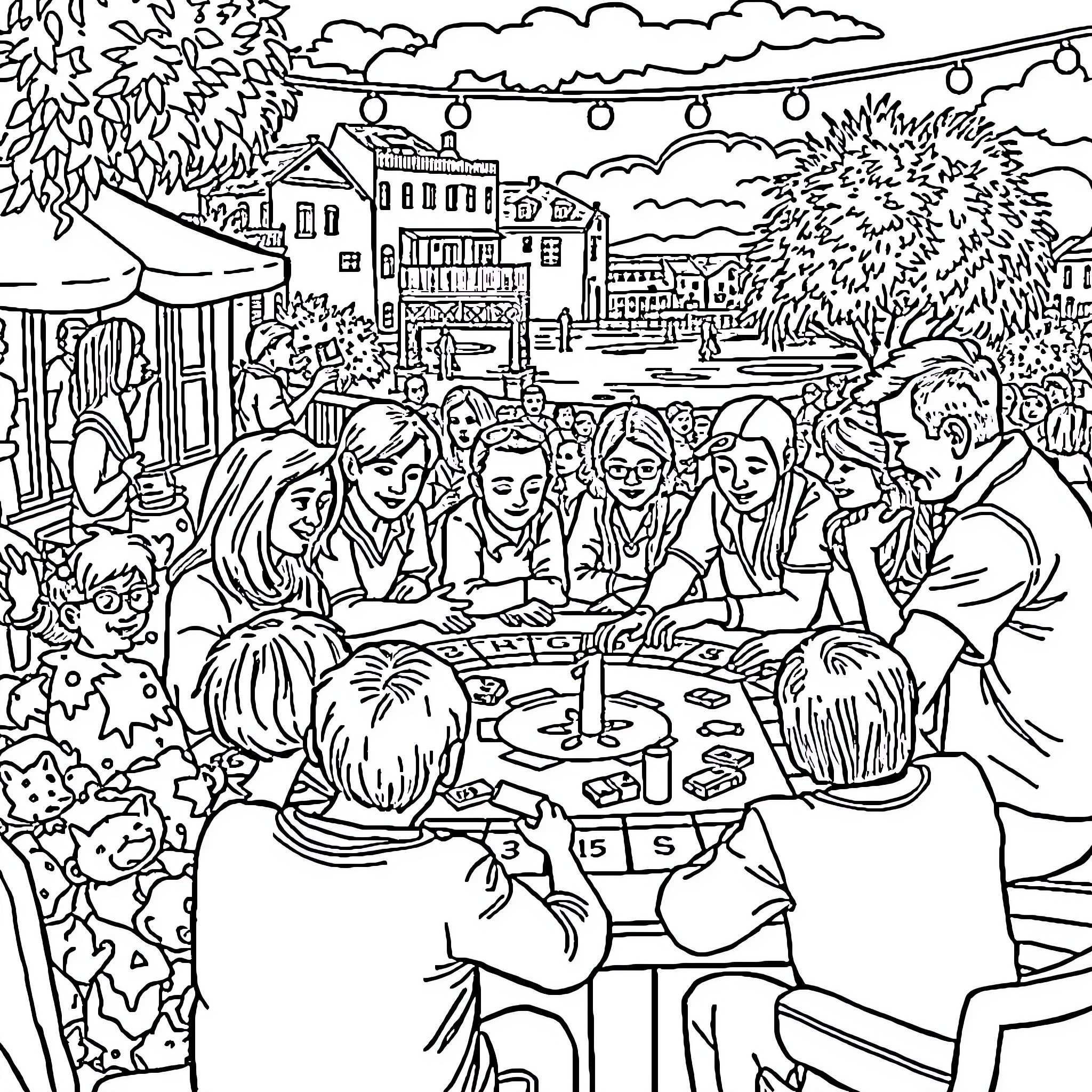 Monopoly Game Night Among Friends in the Backyard Coloring Page (free black-and-white line drawing printable PDF for all, from beginners to advanced learners, including children, teens, adults, and seniors)