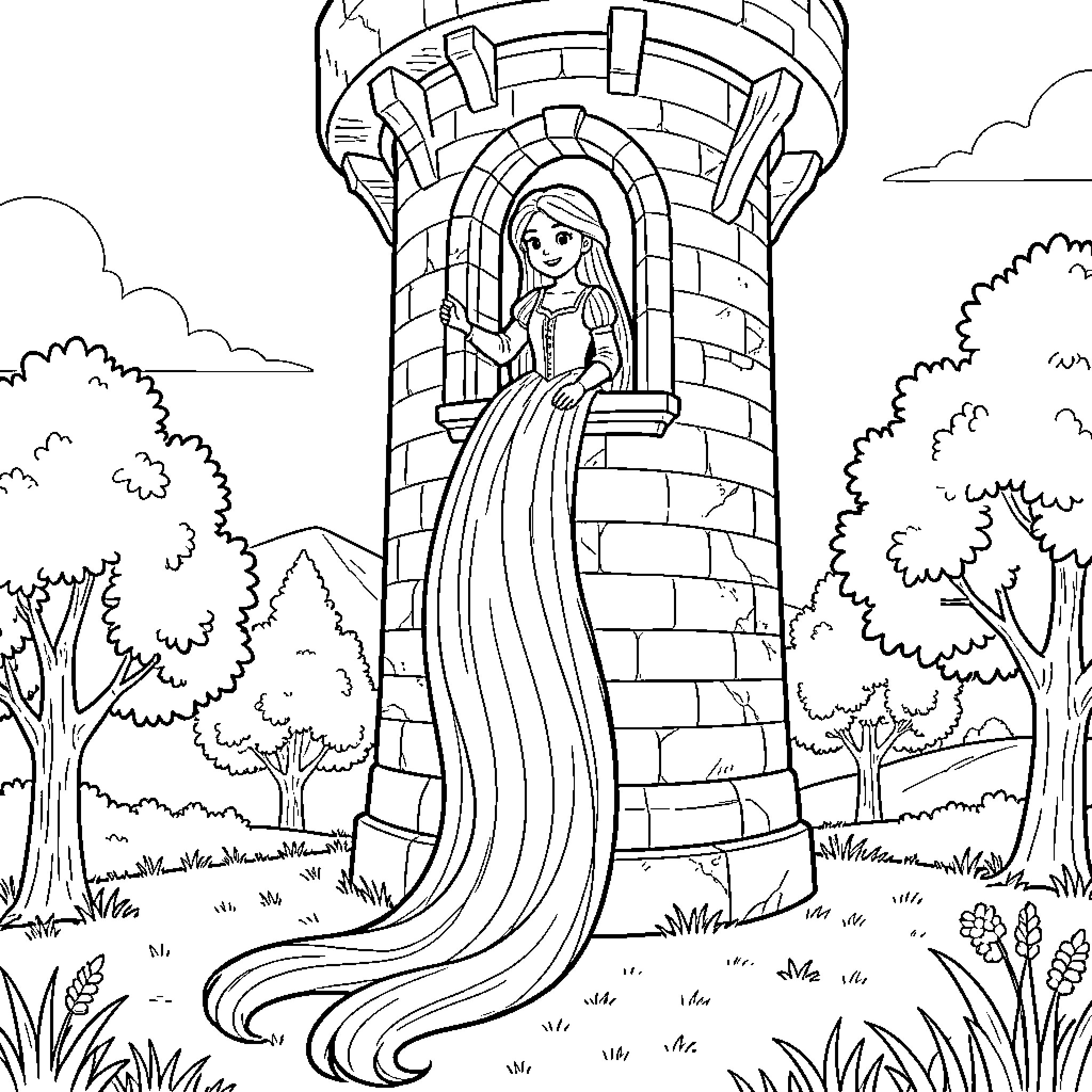 Rapunzel looking out from a stone tower window Coloring Page (free black-and-white line drawing printable PDF for all, from beginners to advanced learners, including children, teens, adults, and seniors)