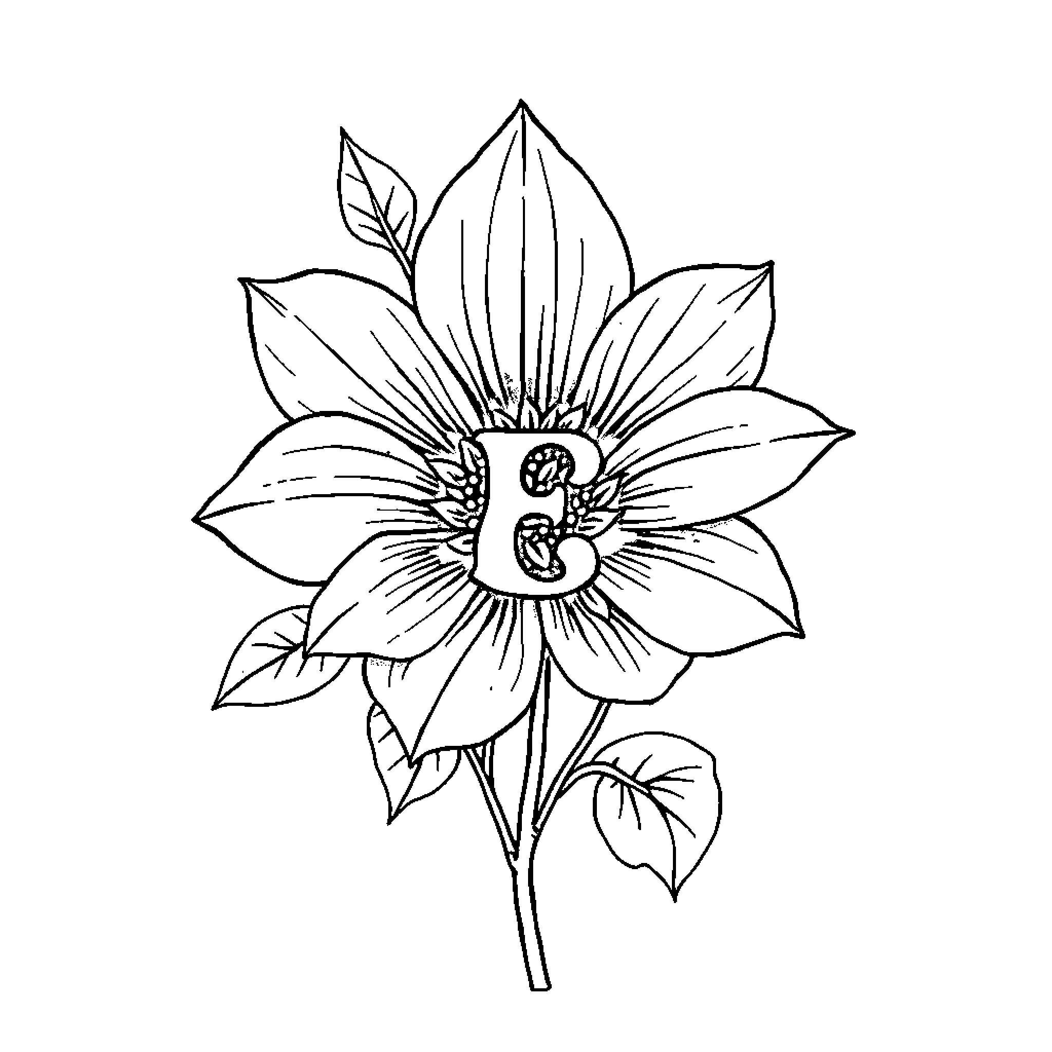 Flower with decorative letter design Coloring Page (free black-and-white line drawing printable PDF for all, from beginners to advanced learners, including children, teens, adults, and seniors)