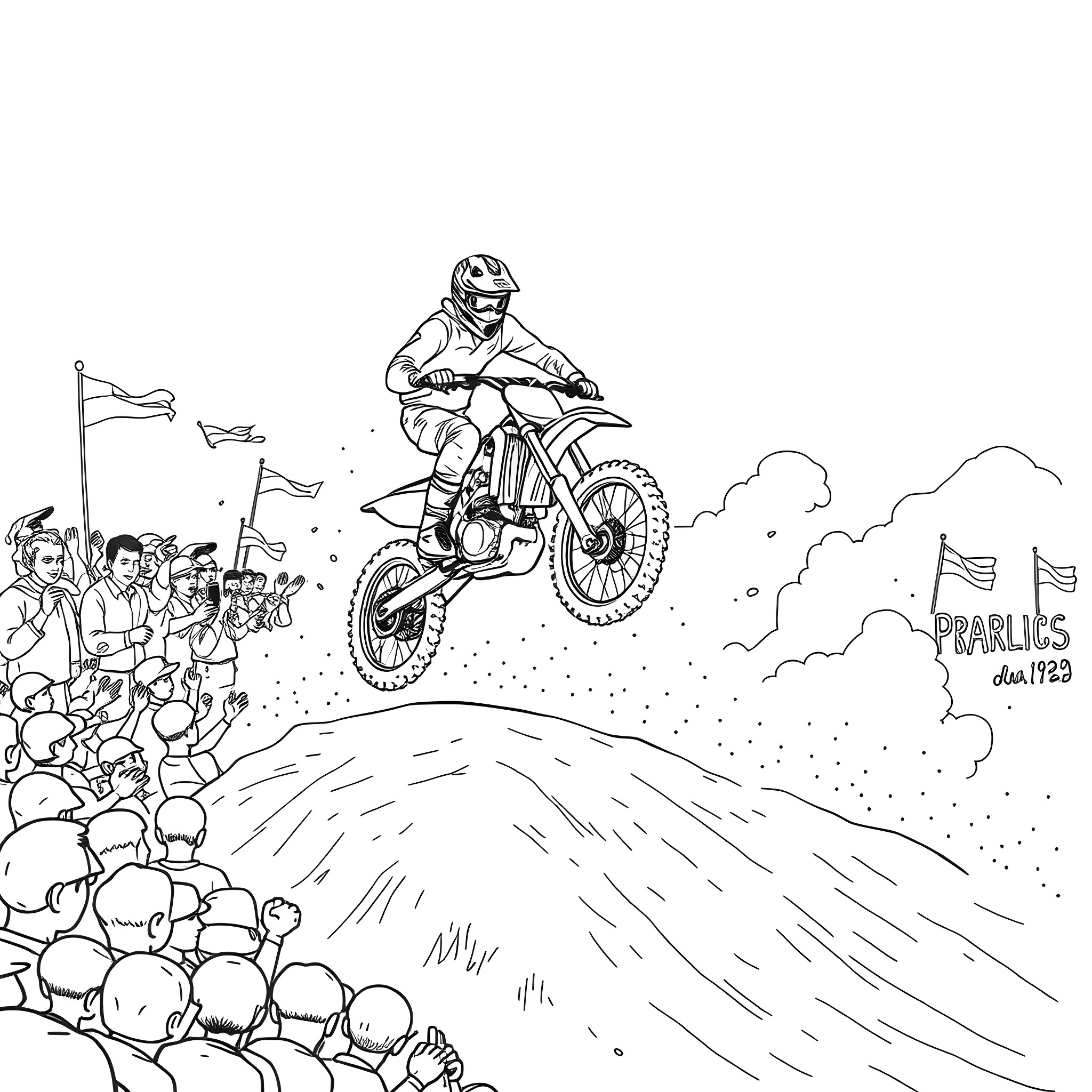 Motorcross Bike Rider Performing Stunts Before Crowd Coloring Page (free black-and-white line drawing printable PDF for all, from beginners to advanced learners, including children, teens, adults, and seniors)
