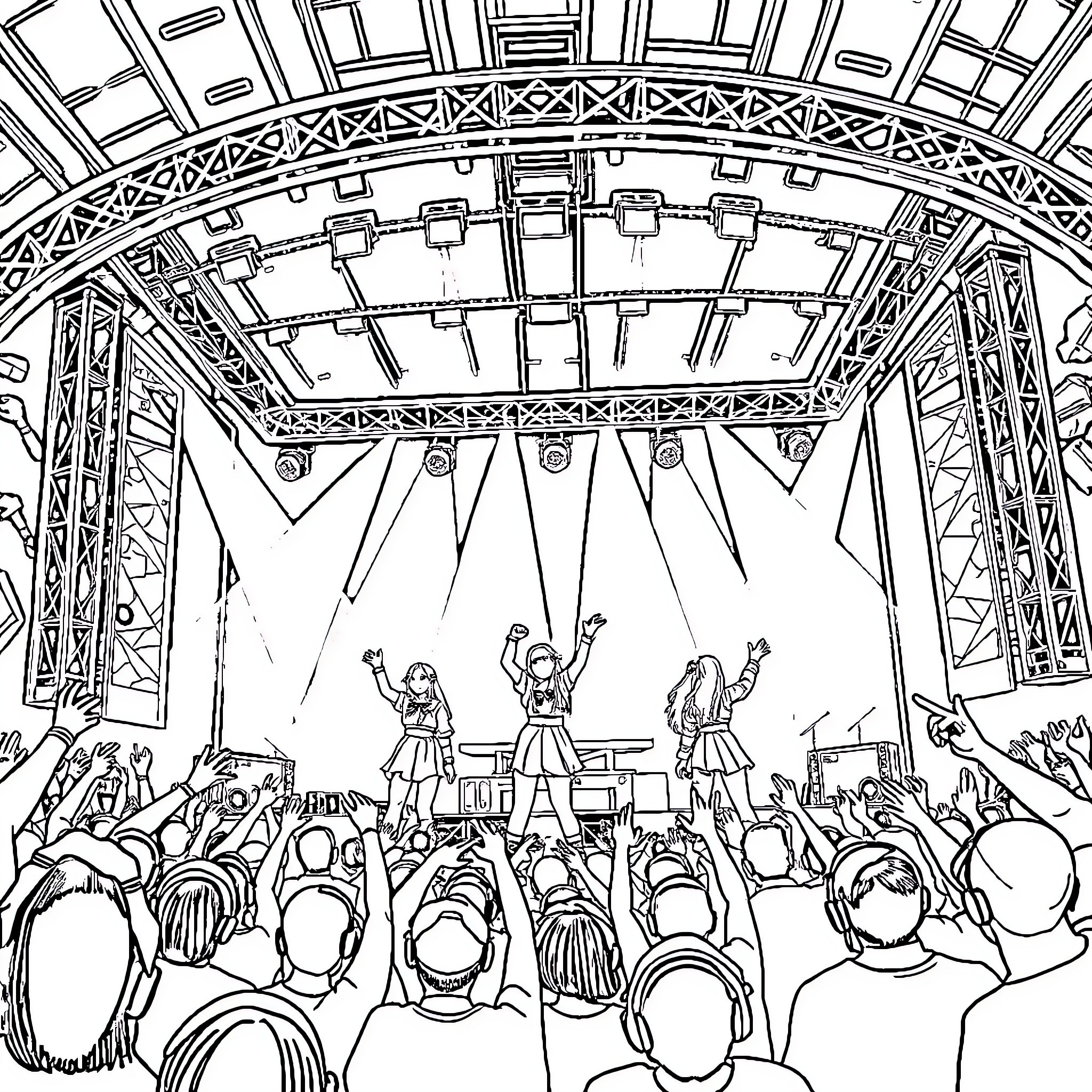 Blackpink performing on stage with energetic crowd Coloring Page (free black-and-white line drawing printable PDF for all, from beginners to advanced learners, including children, teens, adults, and seniors)
