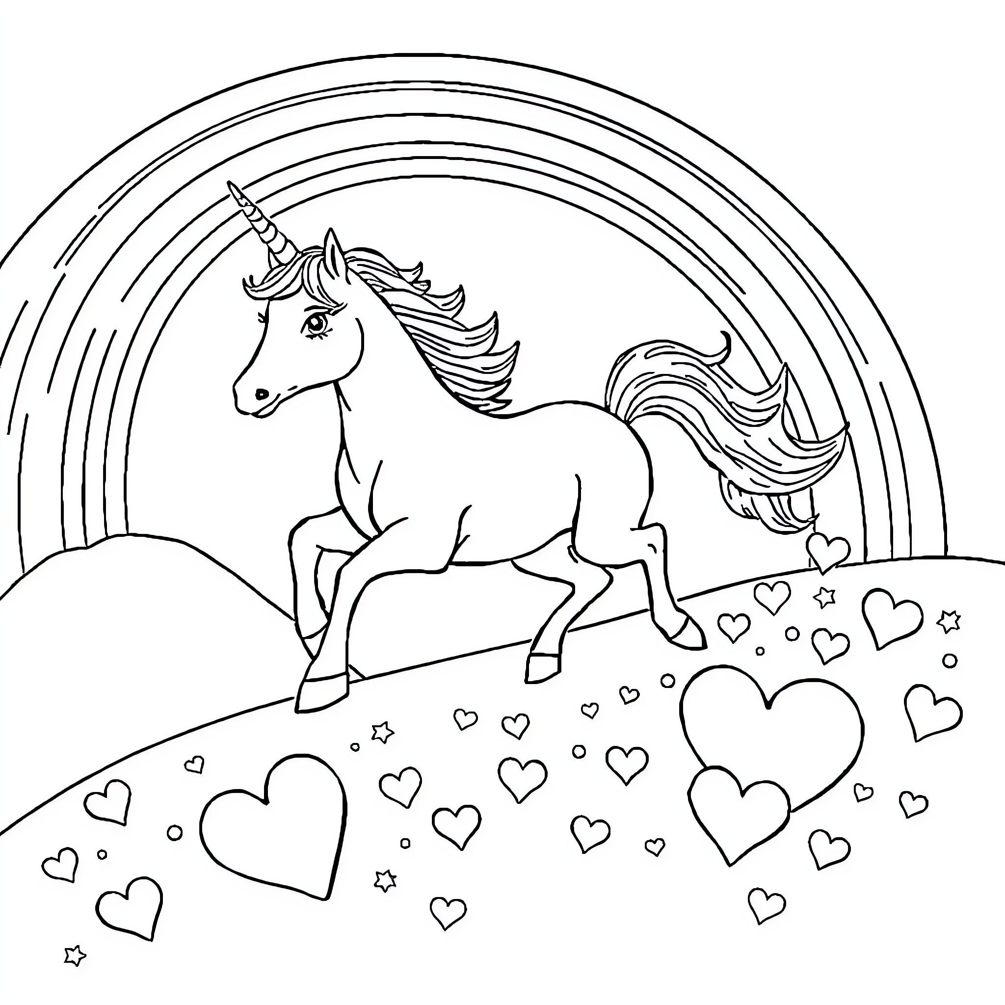 Unicorn playing in a magical field of hearts Coloring Page (free black-and-white line drawing printable PDF for all, from beginners to advanced learners, including children, teens, adults, and seniors)