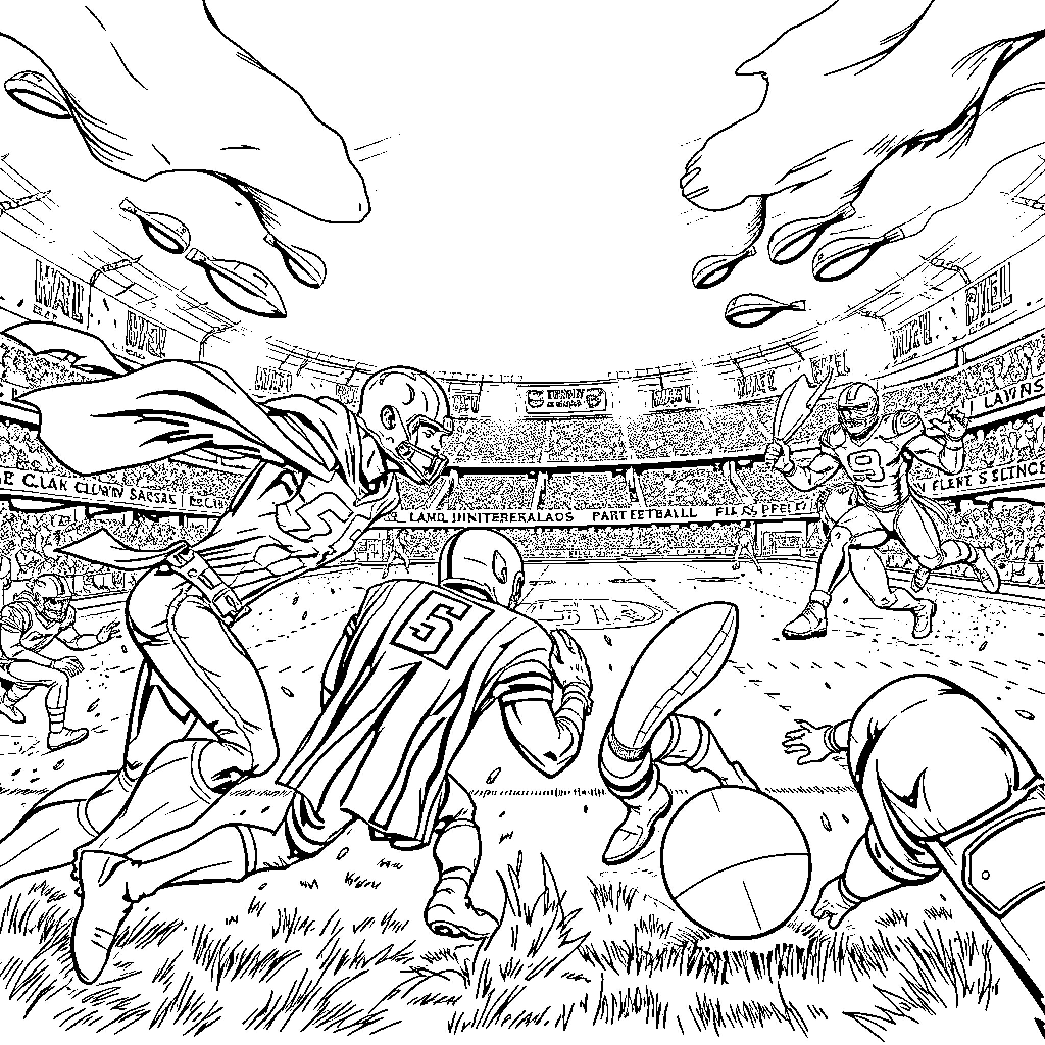 Football players engaged in fierce competition on the field Coloring Page (free black-and-white line drawing printable PDF for all, from beginners to advanced learners, including children, teens, adults, and seniors)