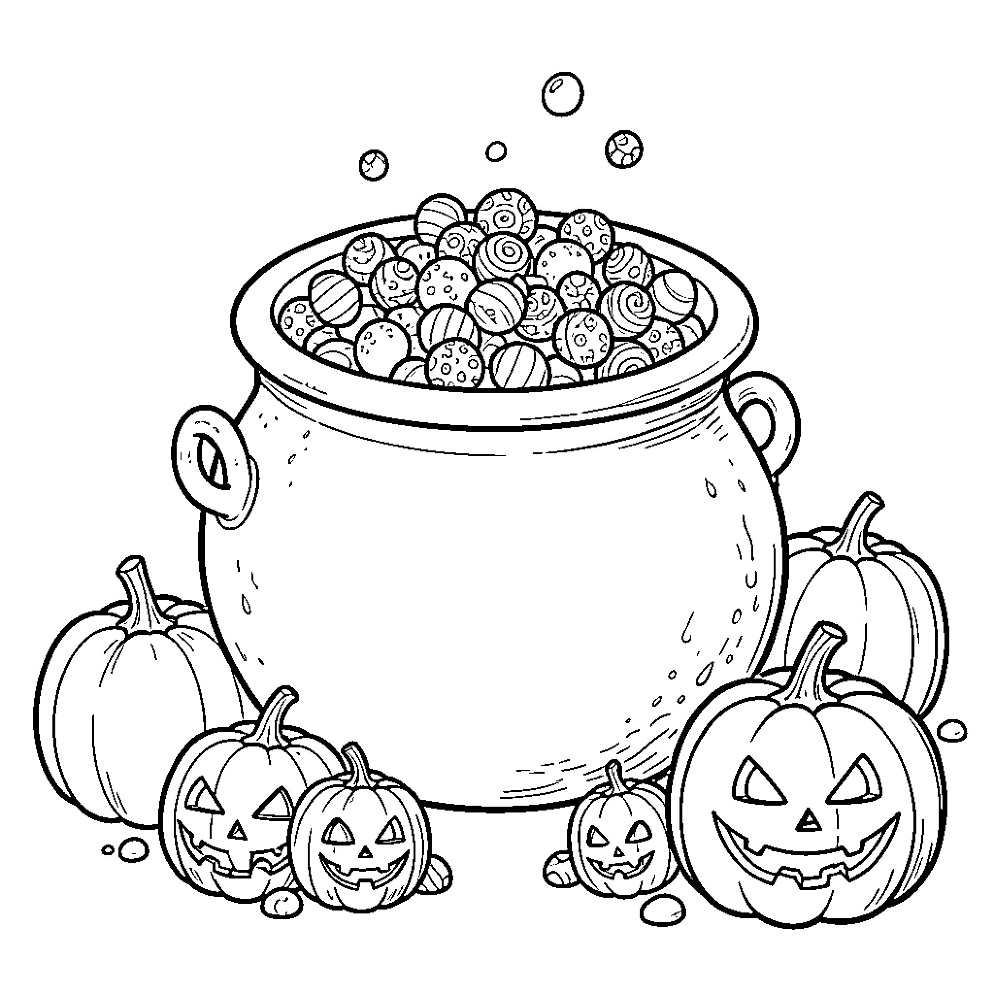 Halloween cauldron overflowing with candies and surrounded by pumpkins Coloring Page (free black-and-white line drawing printable PDF for all, from beginners to advanced learners, including children, teens, adults, and seniors)