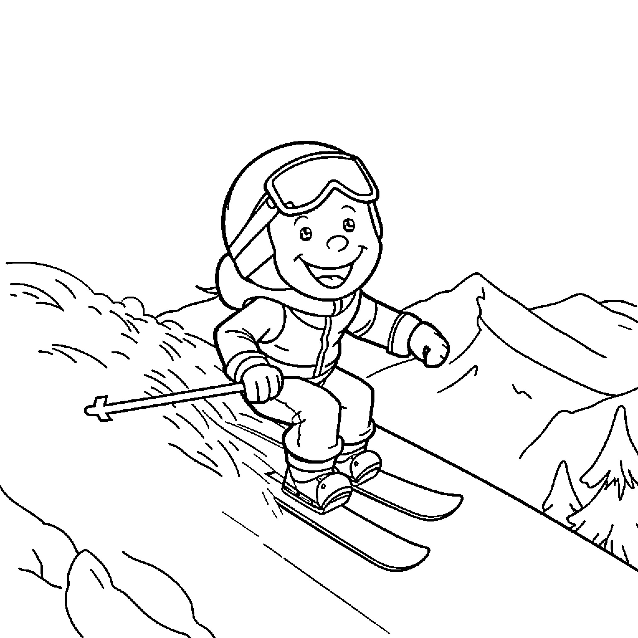 Diabeto Enjoying Winter Skiing Adventure Coloring Page (free black-and-white line drawing printable PDF for all, from beginners to advanced learners, including children, teens, adults, and seniors)
