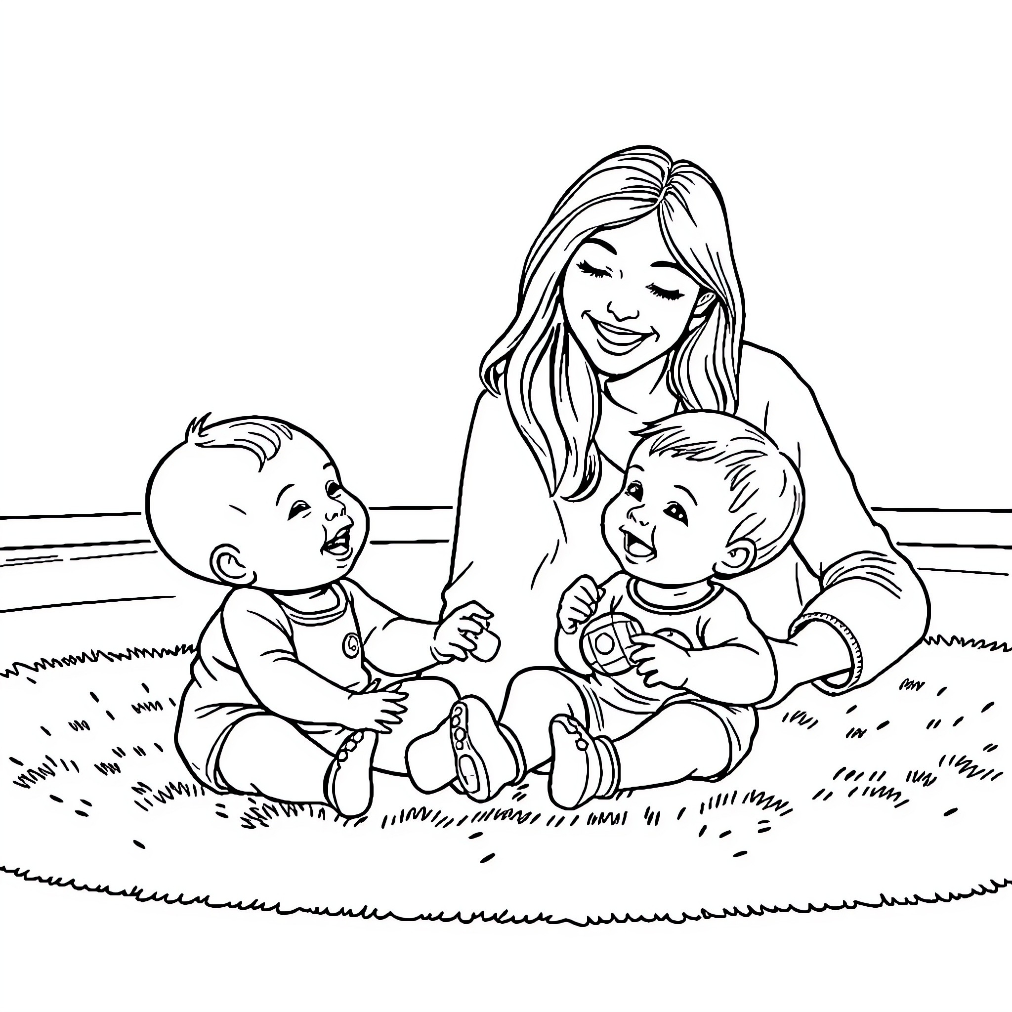 Baby siblings playing with mother on grass Coloring Page (free black-and-white line drawing printable PDF for all, from beginners to advanced learners, including children, teens, adults, and seniors)