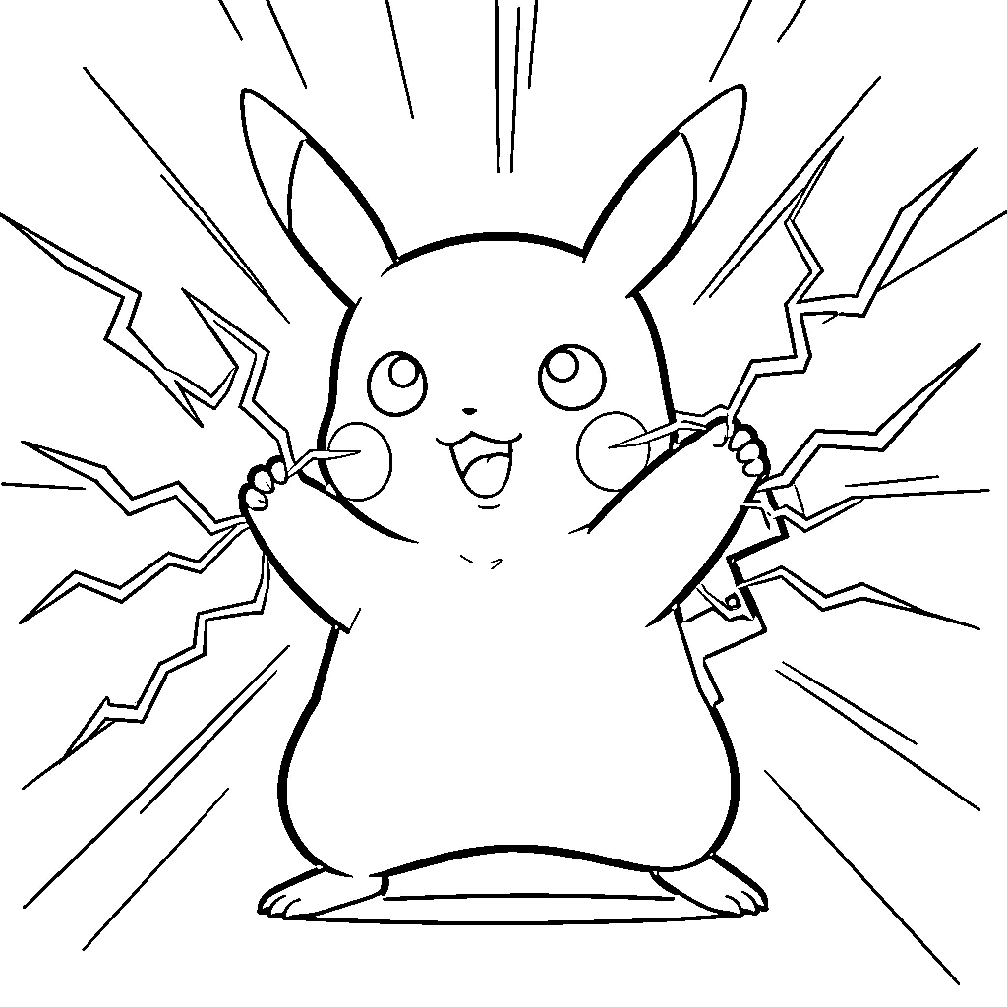 Pikachu using electric powers Coloring Page (free black-and-white line drawing printable PDF for all, from beginners to advanced learners, including children, teens, adults, and seniors)