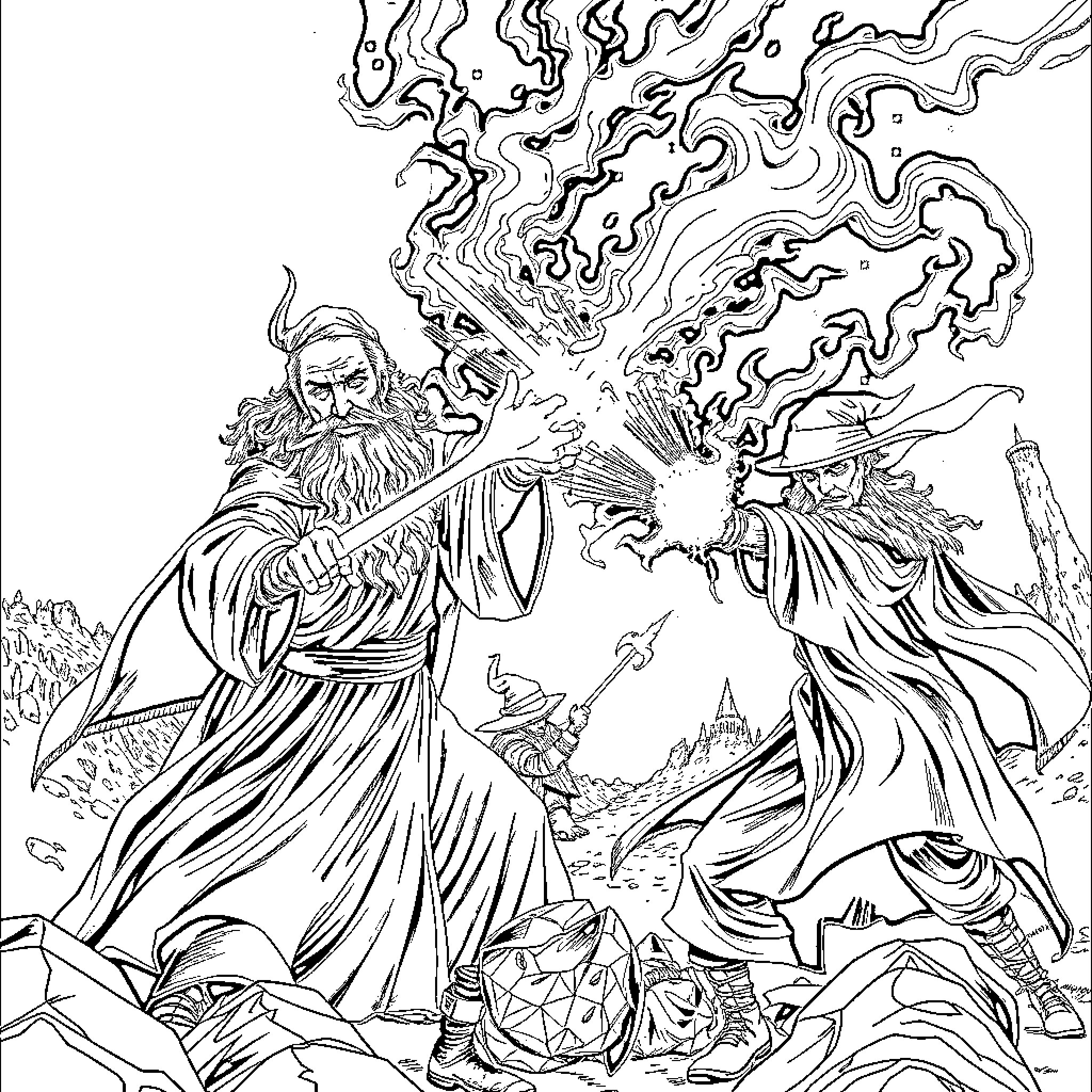 Gandalf in epic magical battle with Saruman Coloring Page (free black-and-white line drawing printable PDF for all, from beginners to advanced learners, including children, teens, adults, and seniors)