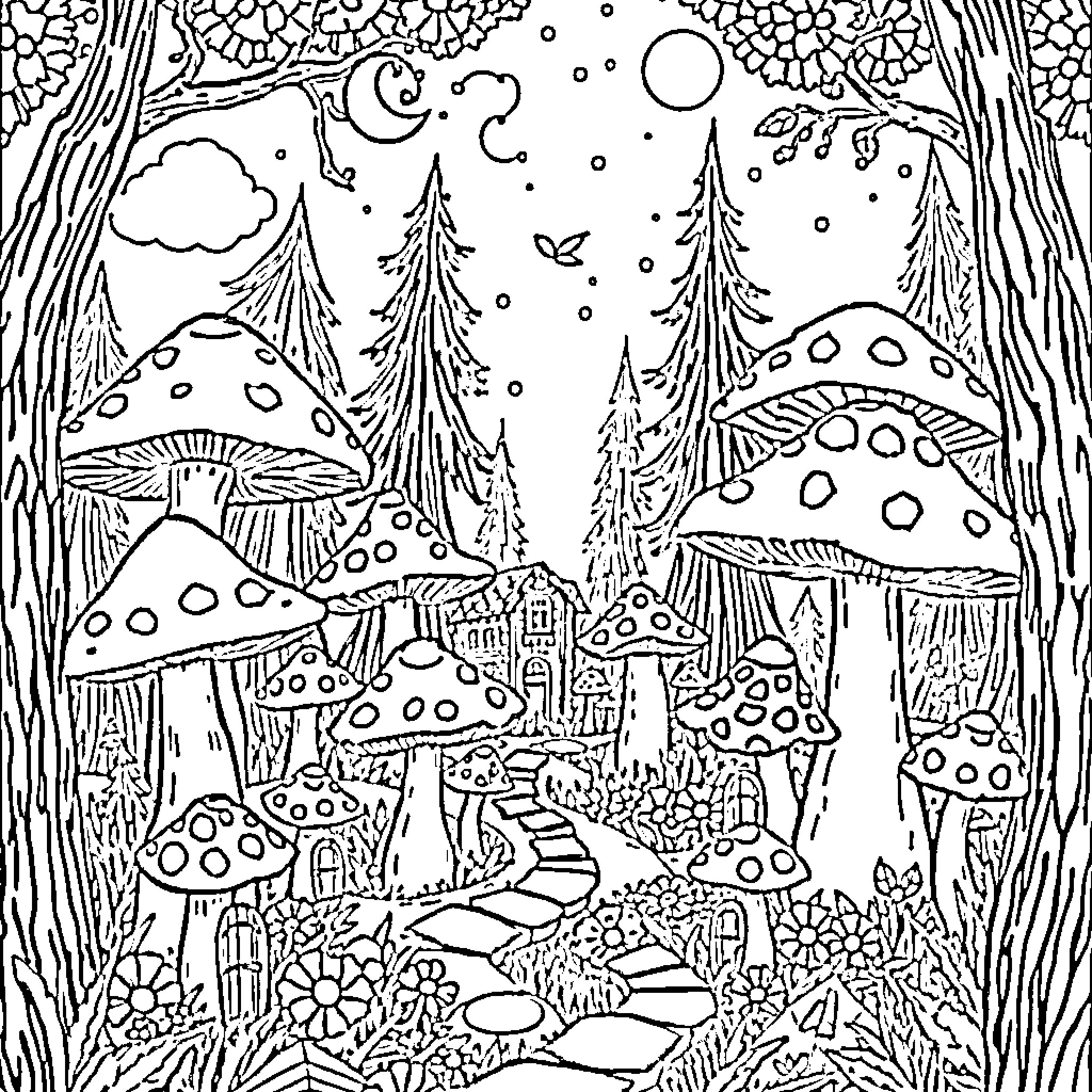 Mushroom Fantasy Forest with Whimsical Scenery Coloring Page (free black-and-white line drawing printable PDF for all, from beginners to advanced learners, including children, teens, adults, and seniors)