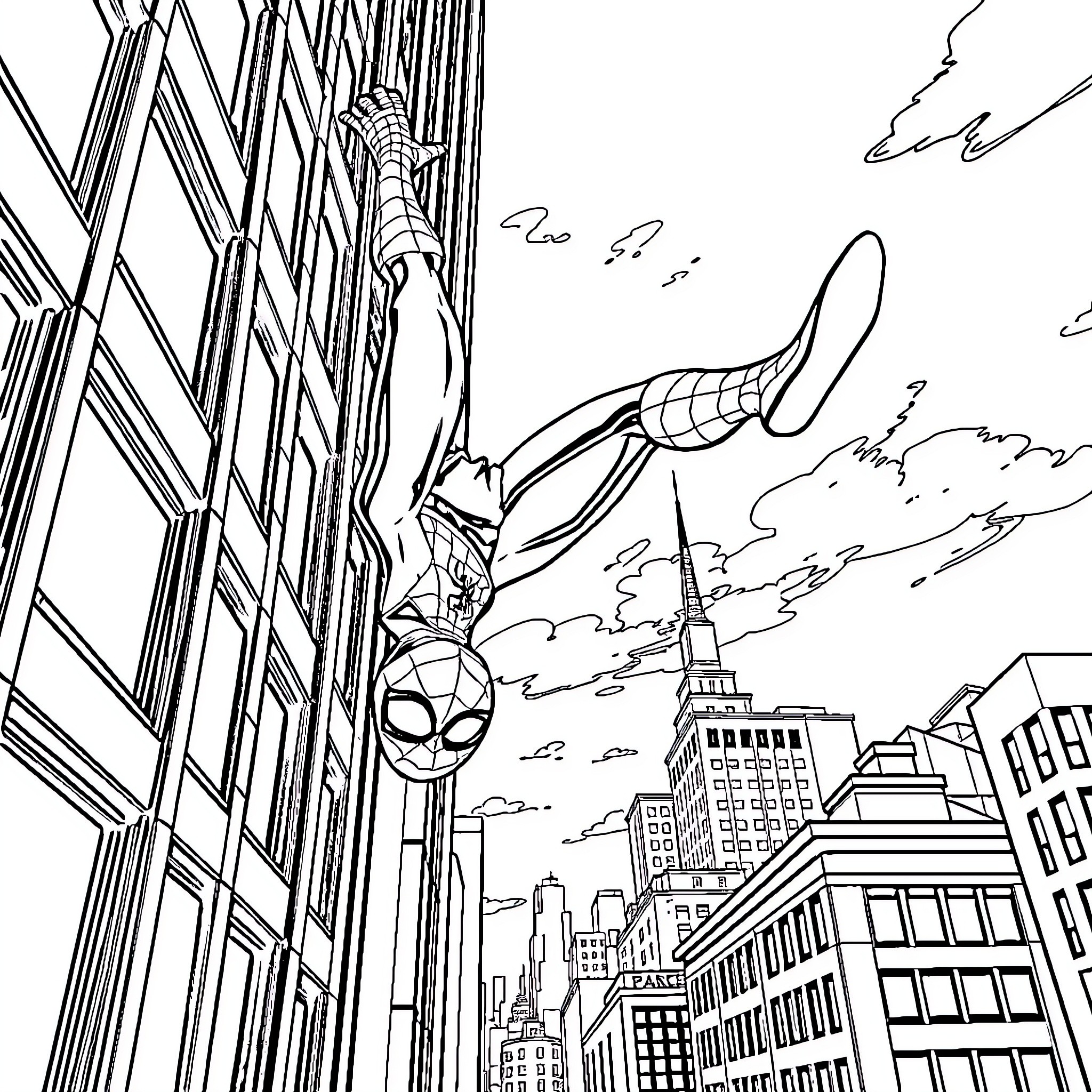 Spider-Man swinging through the city skyline Coloring Page (free black-and-white line drawing printable PDF for all, from beginners to advanced learners, including children, teens, adults, and seniors)