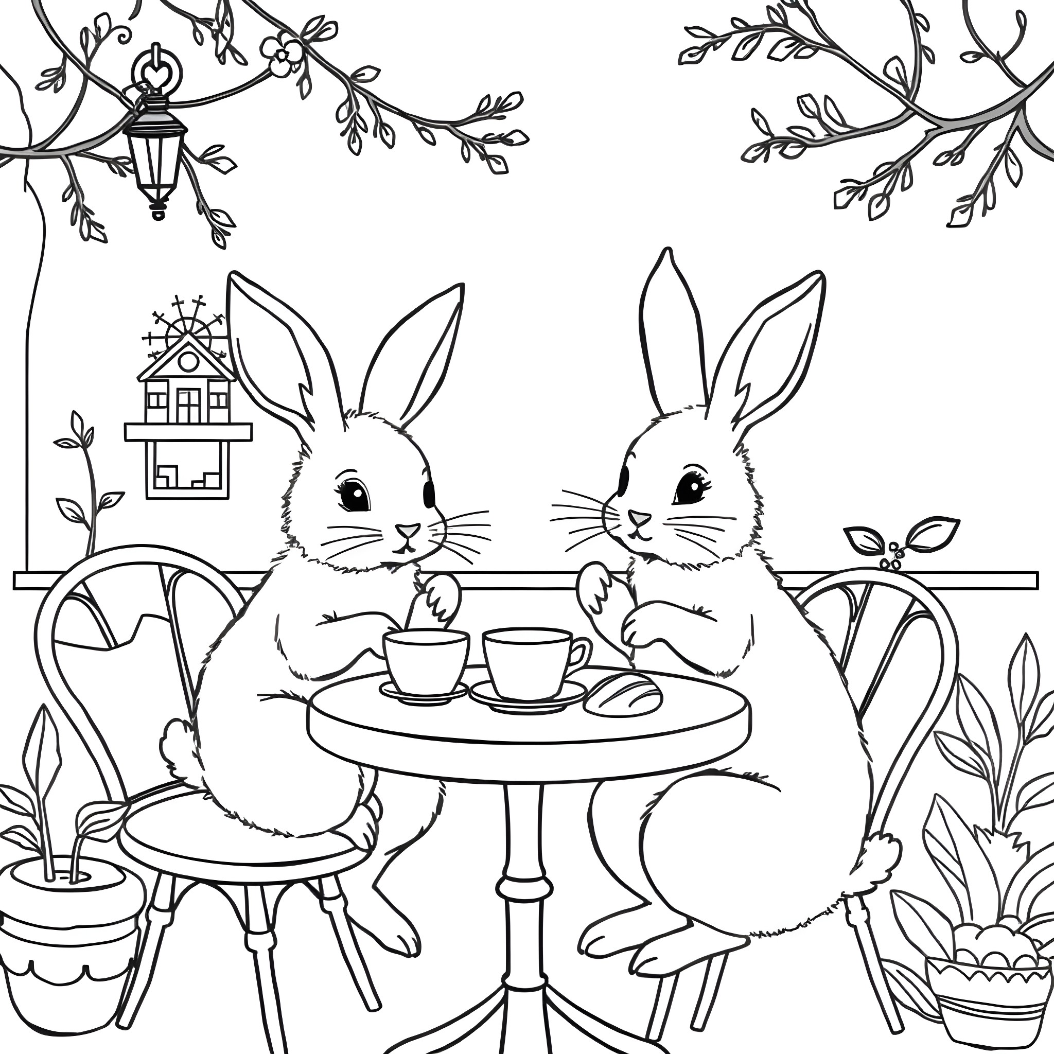Rabbits enjoying tea time in a cozy garden Coloring Page (free black-and-white line drawing printable PDF for all, from beginners to advanced learners, including children, teens, adults, and seniors)