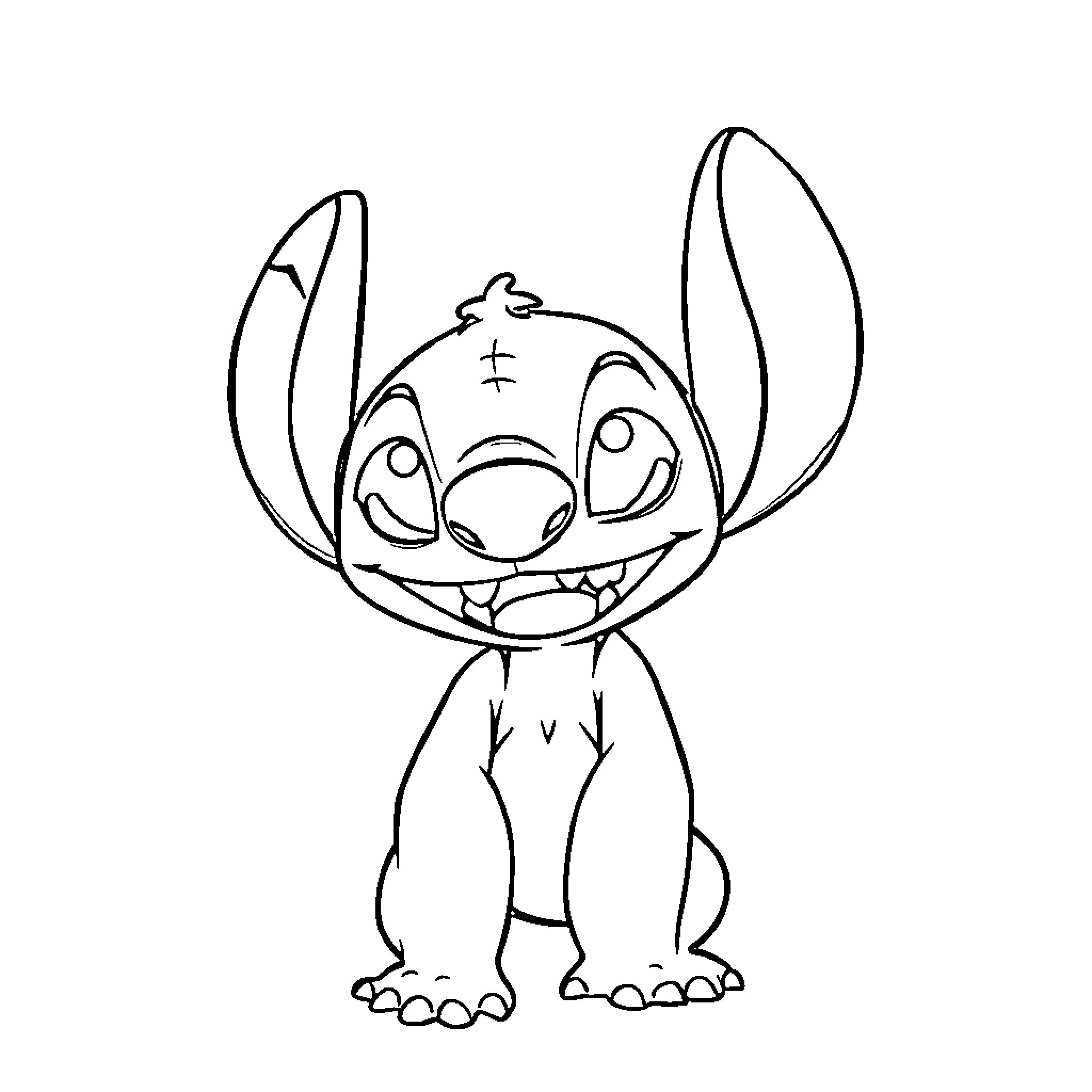 Stitch's Mischievous Grin Coloring Page (free black-and-white line drawing printable PDF for all, from beginners to advanced learners, including children, teens, adults, and seniors)