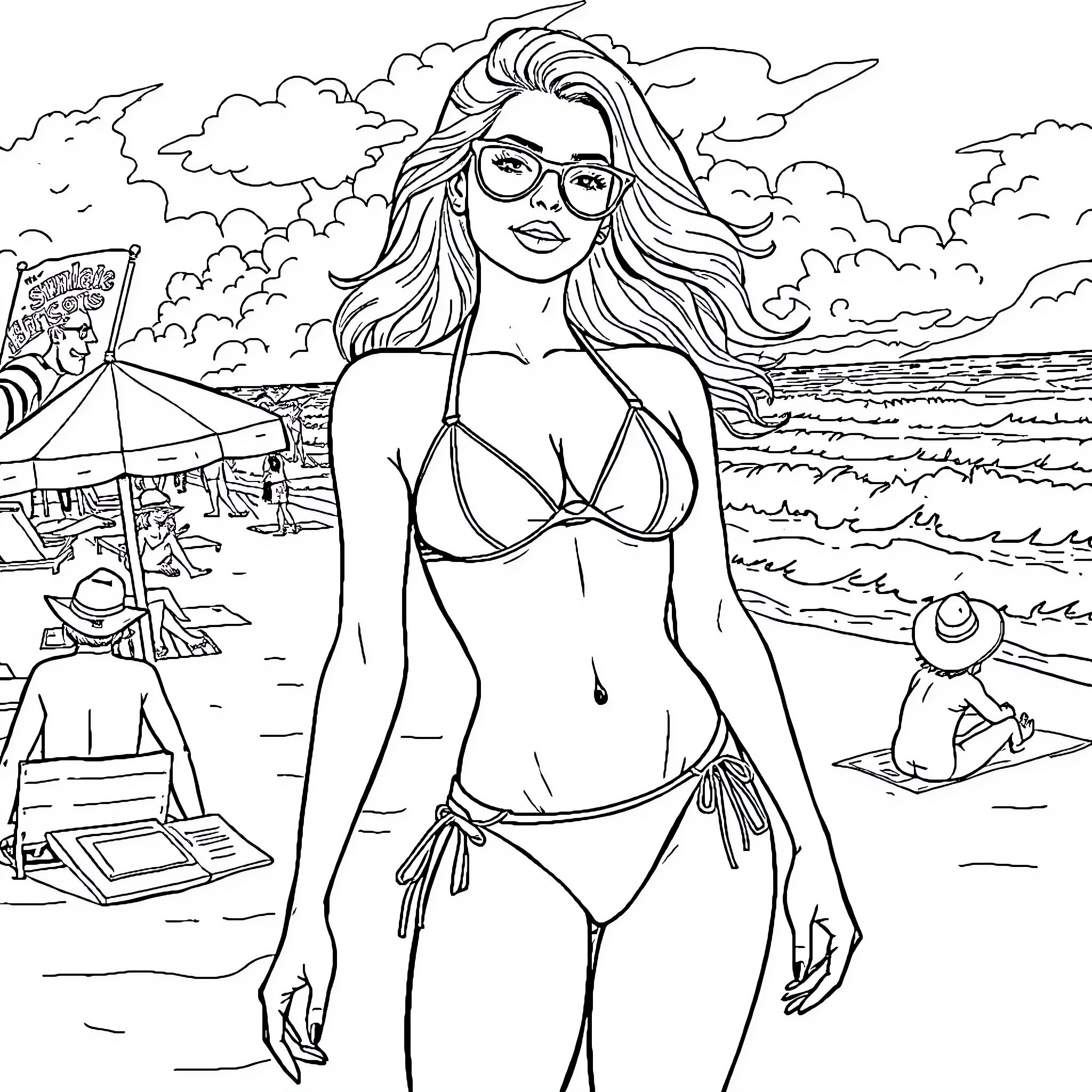 Girl relaxing at the beach in sunglasses Coloring Page (free black-and-white line drawing printable PDF for all, from beginners to advanced learners, including children, teens, adults, and seniors)