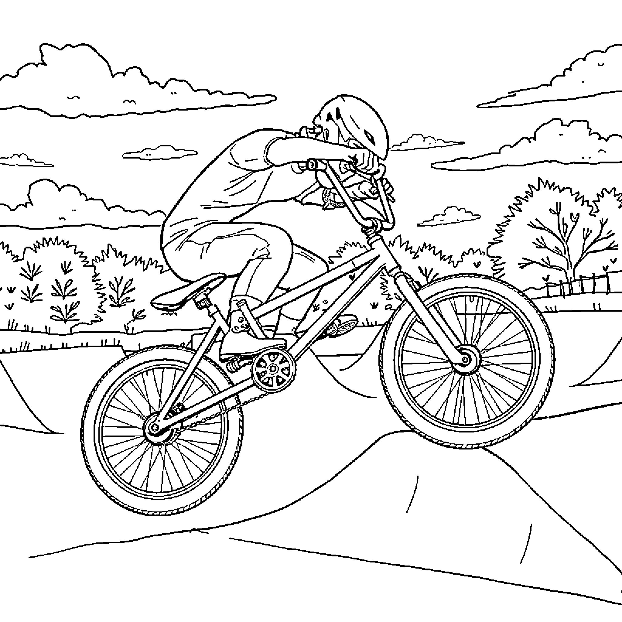 BMX rider soaring over rocky terrain Coloring Page (free black-and-white line drawing printable PDF for all, from beginners to advanced learners, including children, teens, adults, and seniors)