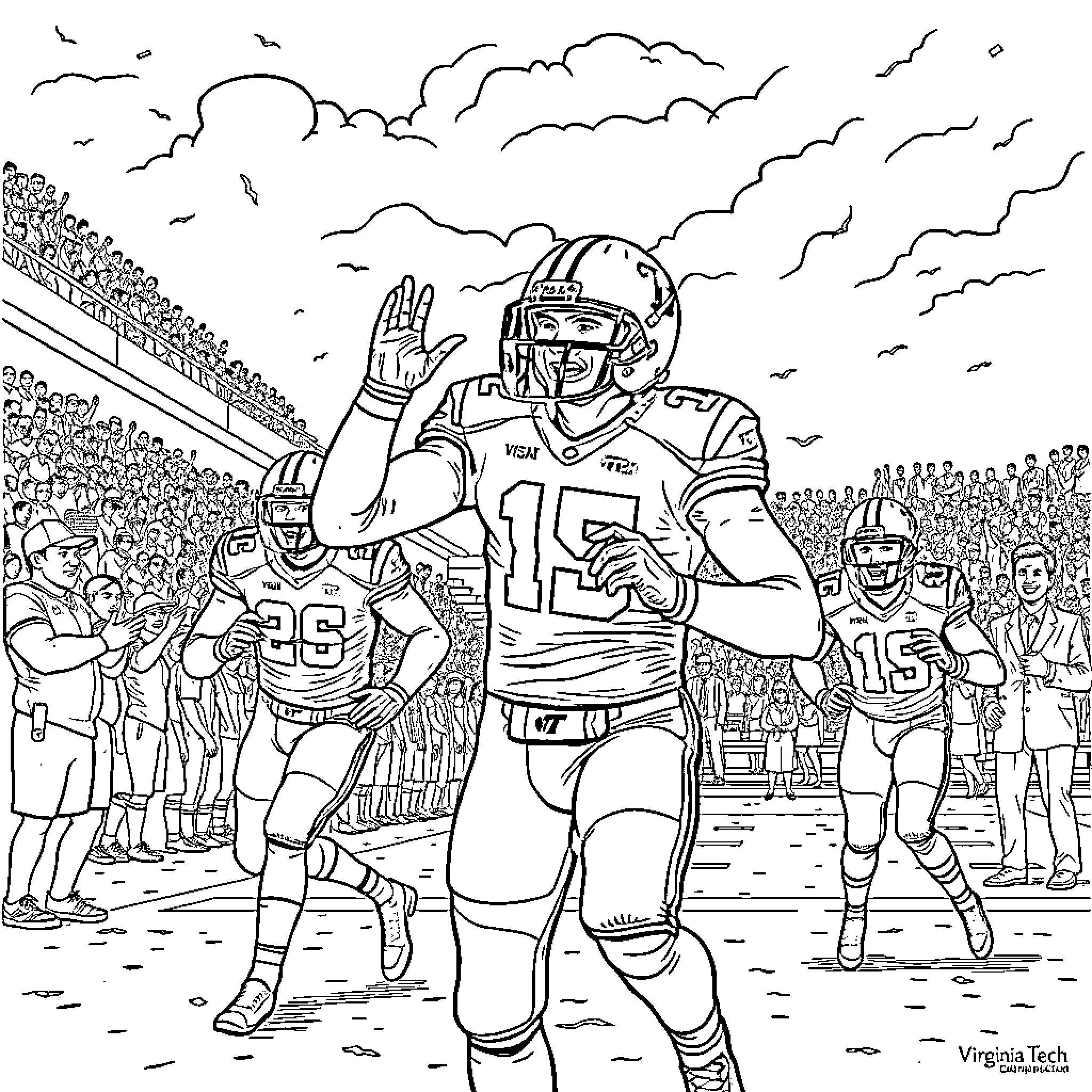Virginia Tech football player celebrates on the field Coloring Page (free black-and-white line drawing printable PDF for all, from beginners to advanced learners, including children, teens, adults, and seniors)