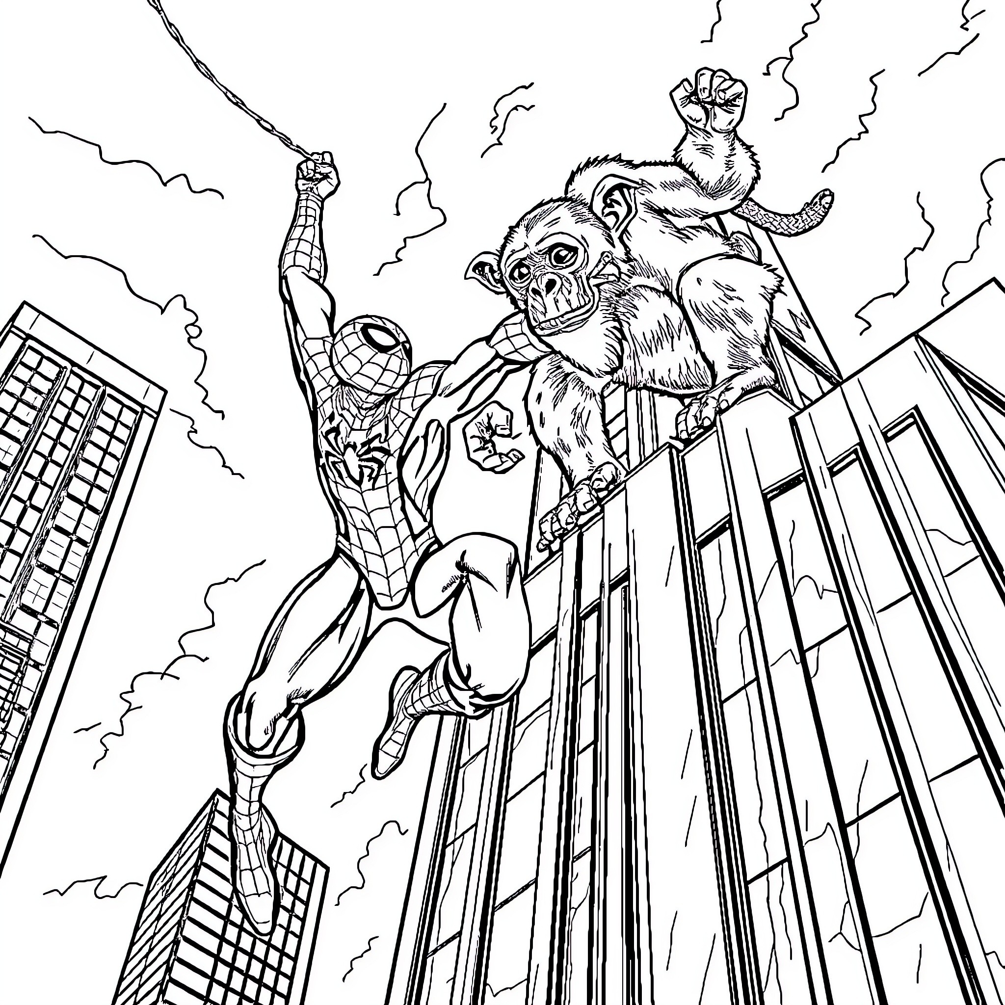 Spiderman swinging and battling giant monster in city Coloring Page (free black-and-white line drawing printable PDF for all, from beginners to advanced learners, including children, teens, adults, and seniors)