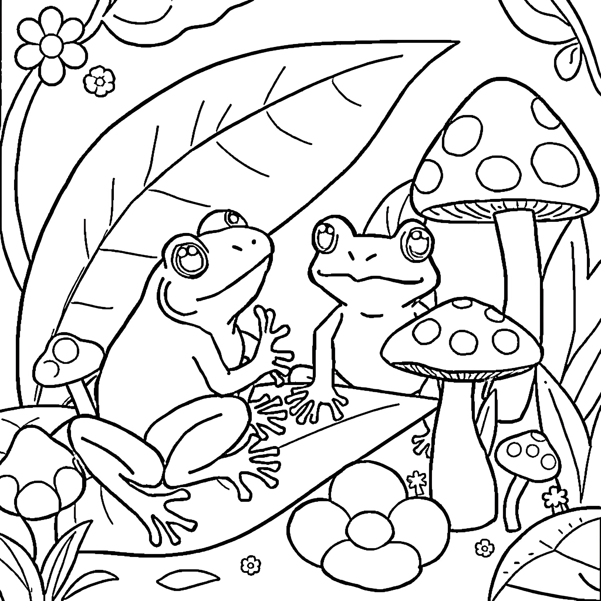 Frog friends exploring a whimsical forest scene Coloring Page (free black-and-white line drawing printable PDF for all, from beginners to advanced learners, including children, teens, adults, and seniors)