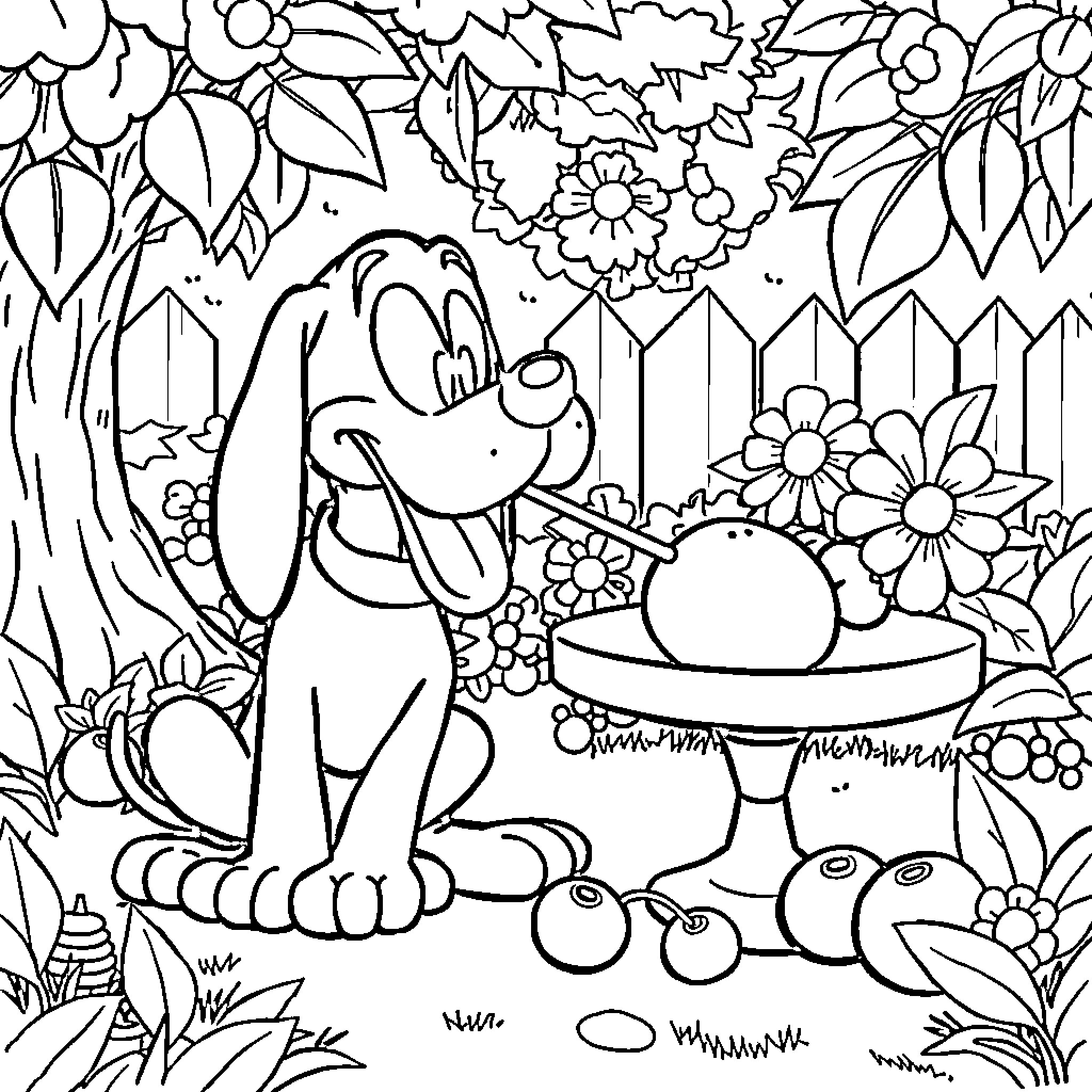 Pluto enjoying a sunny day in the garden Coloring Page (free black-and-white line drawing printable PDF for all, from beginners to advanced learners, including children, teens, adults, and seniors)