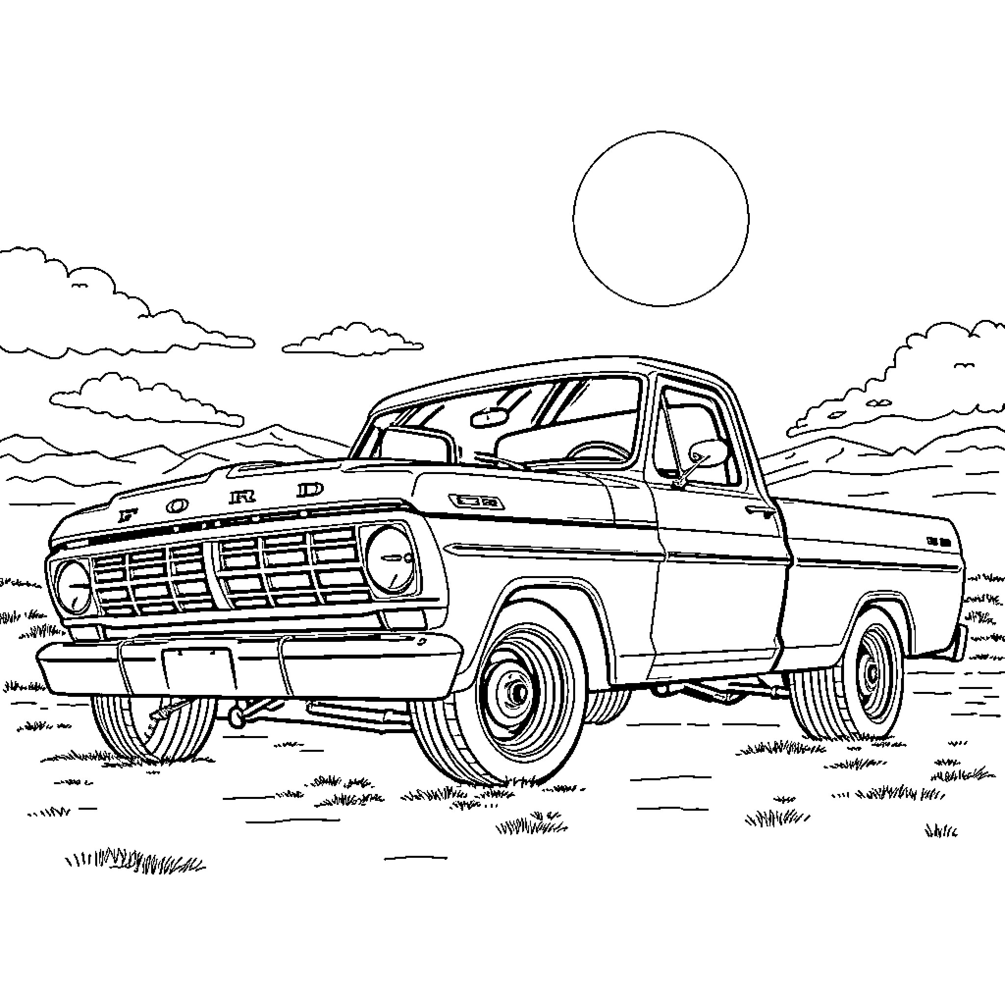 F100 Classic Pickup Truck in Rural Landscape Coloring Page (free black-and-white line drawing printable PDF for all, from beginners to advanced learners, including children, teens, adults, and seniors)