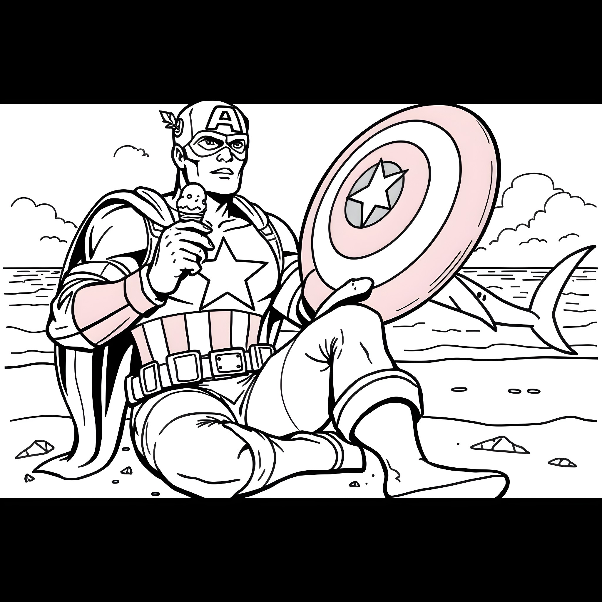Captain America resting on the beach with his shield Coloring Page (free black-and-white line drawing printable PDF for all, from beginners to advanced learners, including children, teens, adults, and seniors)
