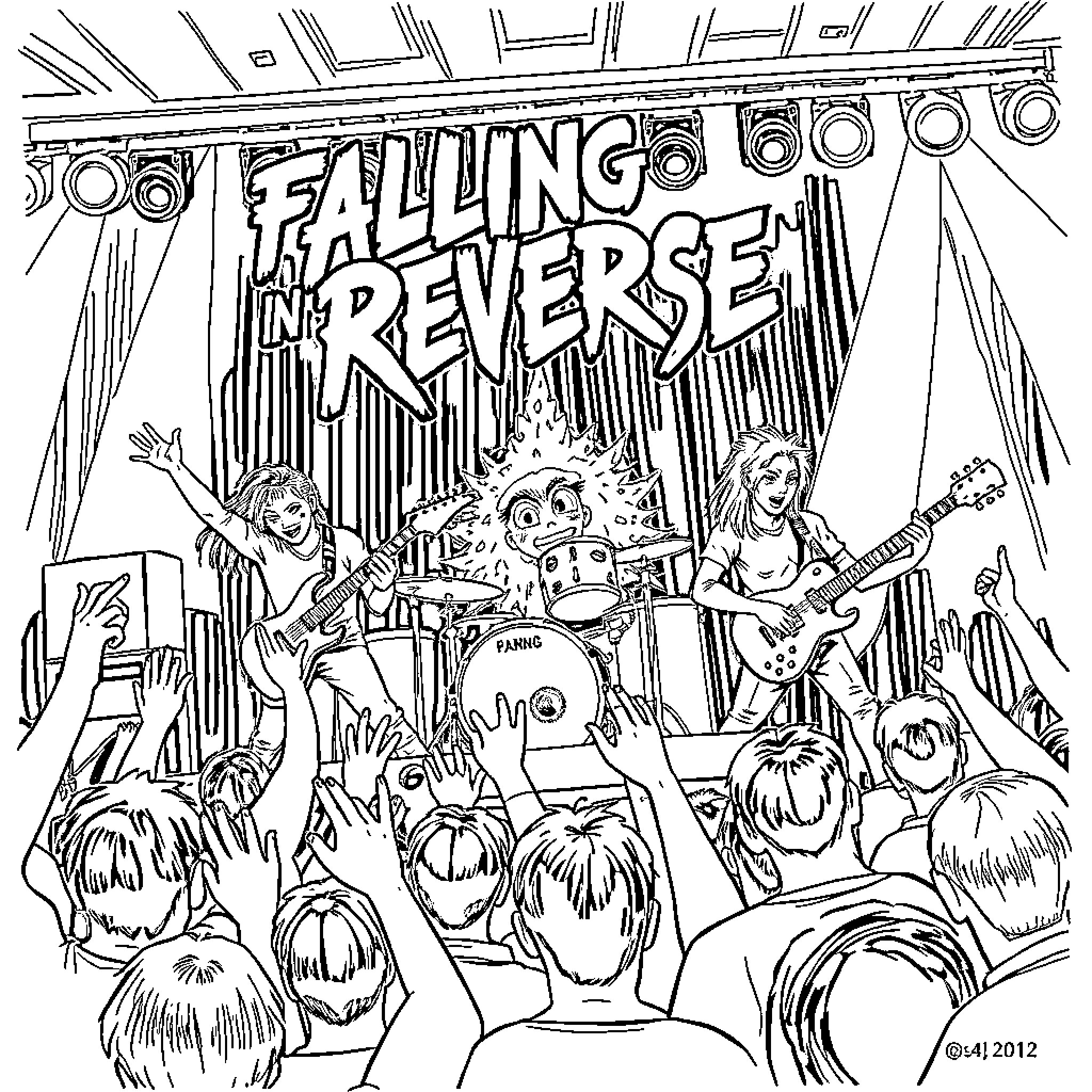 Falling in Reverse: Band Performing on Stage Coloring Page (free black-and-white line drawing printable PDF for all, from beginners to advanced learners, including children, teens, adults, and seniors)