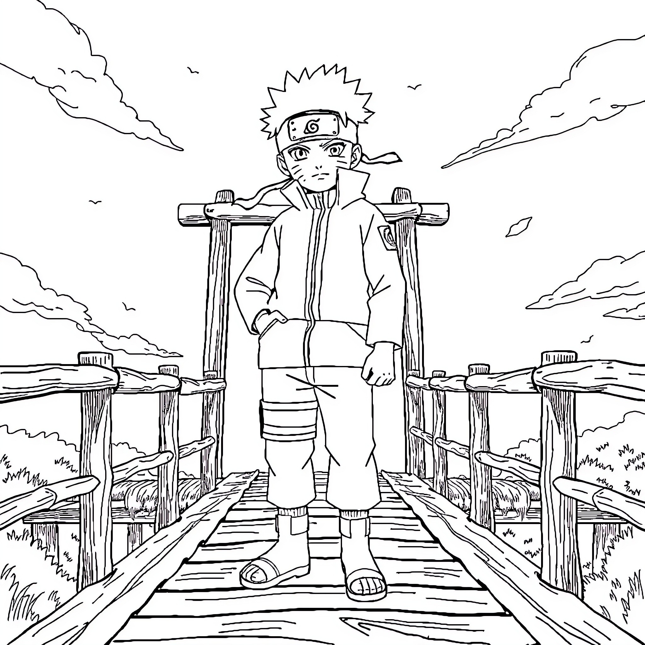 Naruto Crossing the Wooden Bridge Coloring Page (free black-and-white line drawing printable PDF for all, from beginners to advanced learners, including children, teens, adults, and seniors)