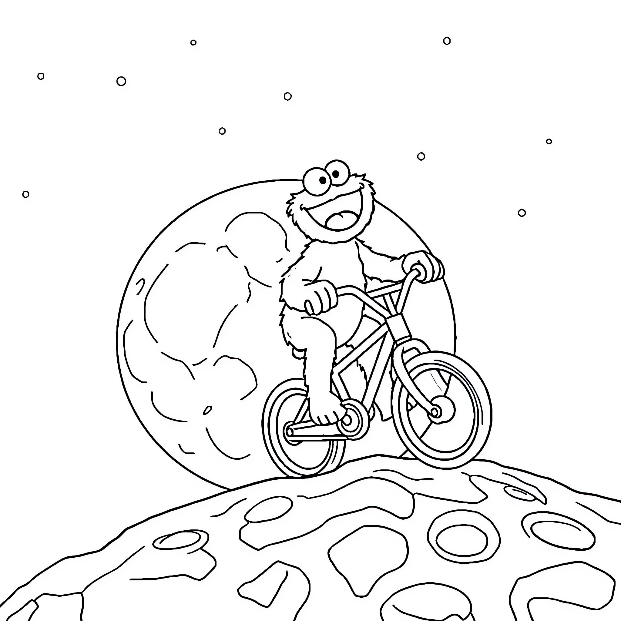 Cookie Monster biking happily on the moon Coloring Page (free black-and-white line drawing printable PDF for all, from beginners to advanced learners, including children, teens, adults, and seniors)