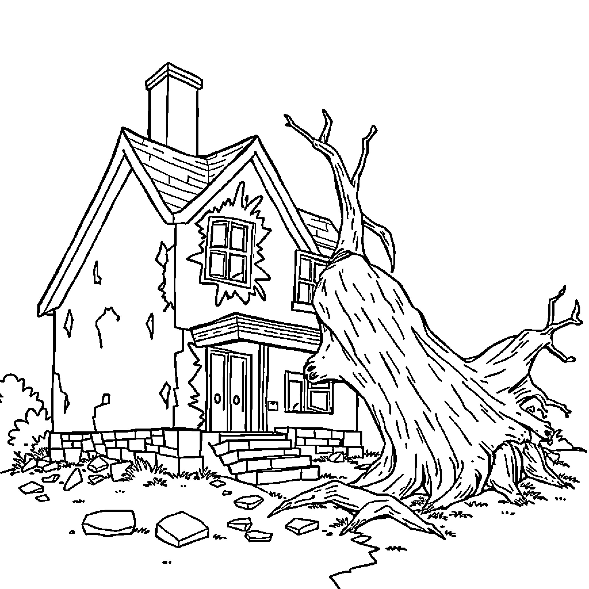 House with damaged exterior in rural landscape Coloring Page (free black-and-white line drawing printable PDF for all, from beginners to advanced learners, including children, teens, adults, and seniors)