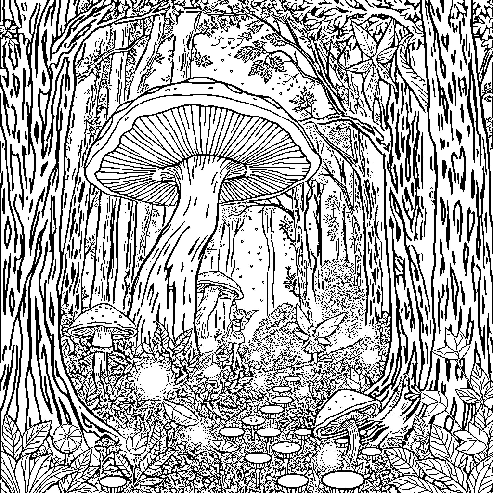 Forest fantastical creatures exploring mushroom-filled scenery Coloring Page (free black-and-white line drawing printable PDF for all, from beginners to advanced learners, including children, teens, adults, and seniors)