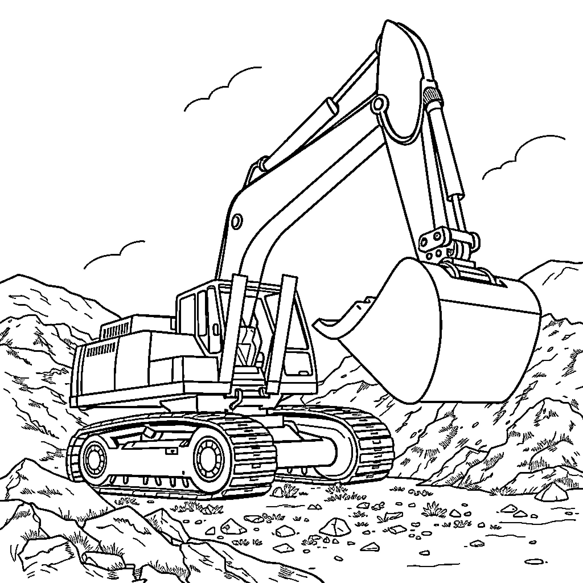 Excavator working on a construction site Coloring Page (free black-and-white line drawing printable PDF for all, from beginners to advanced learners, including children, teens, adults, and seniors)