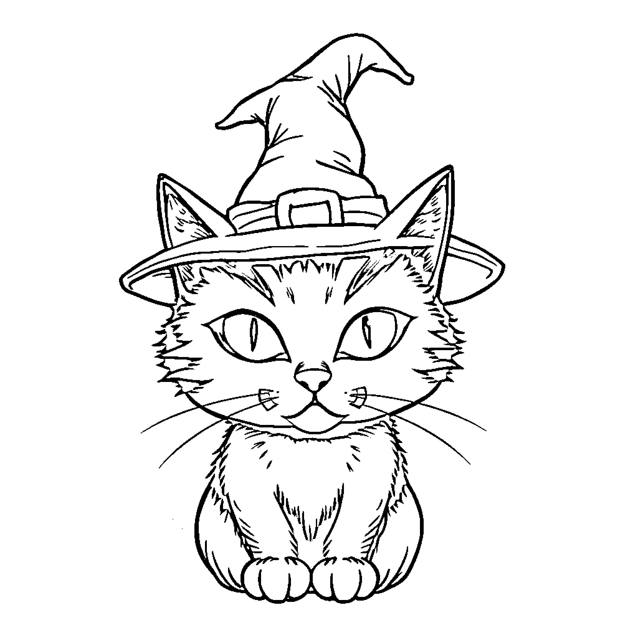 Cat wearing witch hat and gazing with big eyes Coloring Page (free black-and-white line drawing printable PDF for all, from beginners to advanced learners, including children, teens, adults, and seniors)