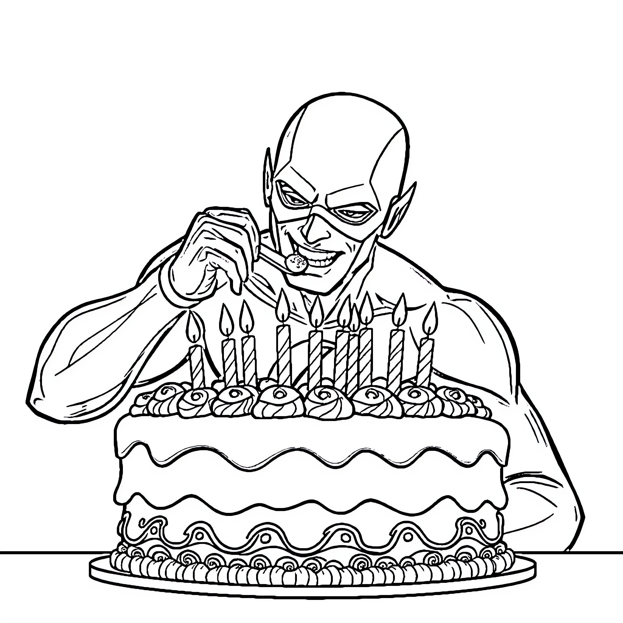 Flash Blowing Birthday Candles on Cake Coloring Page (free black-and-white line drawing printable PDF for all, from beginners to advanced learners, including children, teens, adults, and seniors)