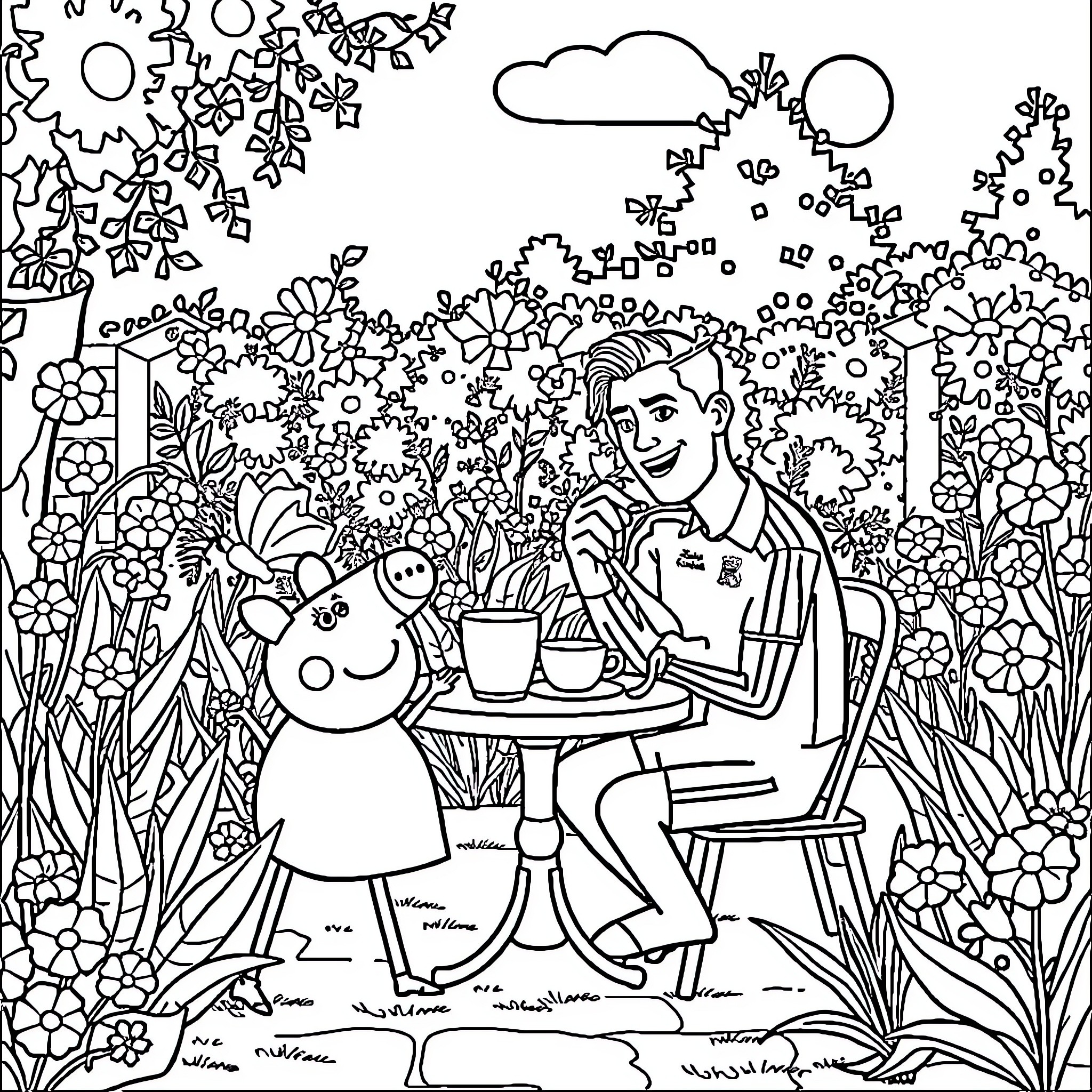 Ronaldo enjoying a picnic with friends in a colorful garden Coloring Page (free black-and-white line drawing printable PDF for all, from beginners to advanced learners, including children, teens, adults, and seniors)