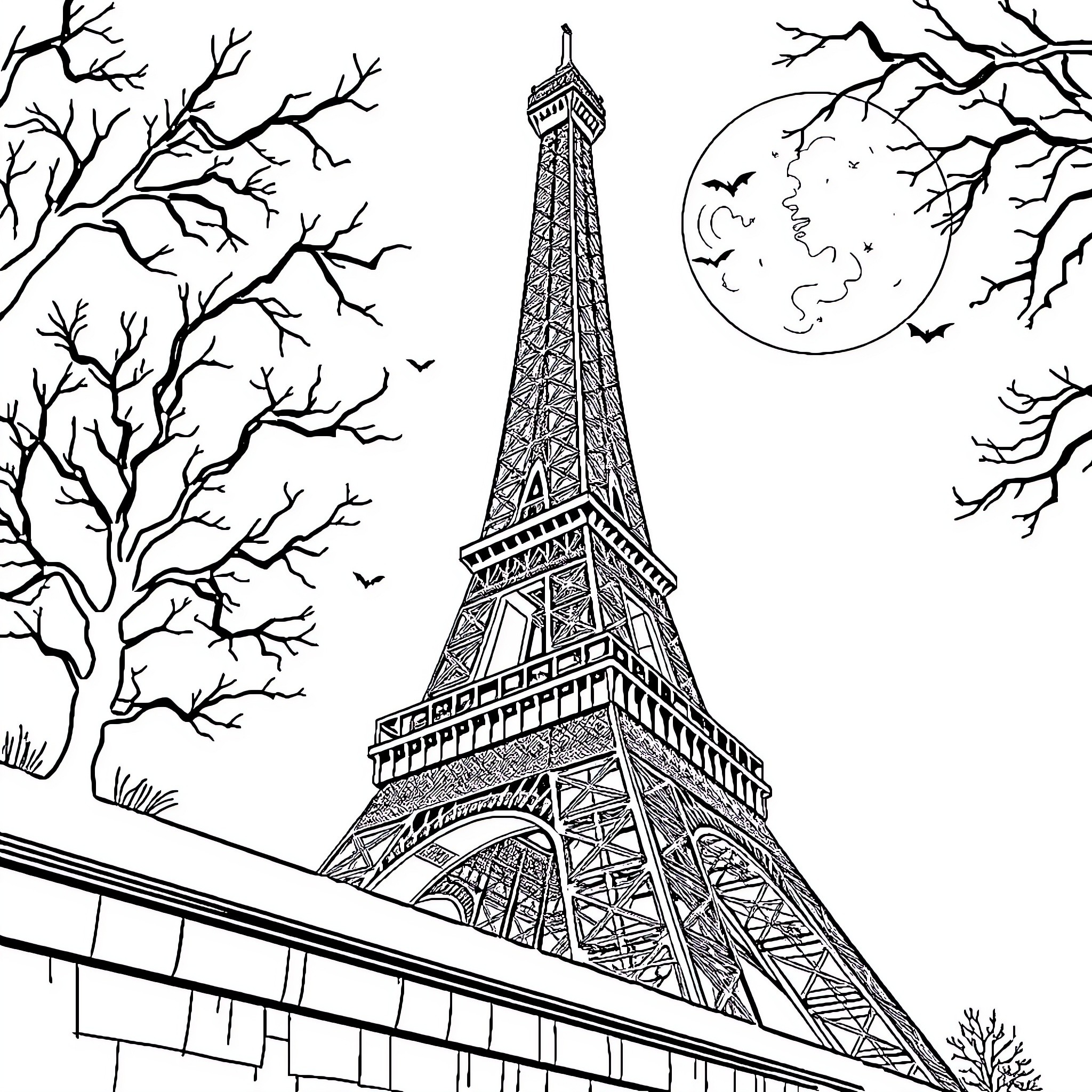 Eiffel Tower in Moonlit Night Coloring Page (free black-and-white line drawing printable PDF for all, from beginners to advanced learners, including children, teens, adults, and seniors)