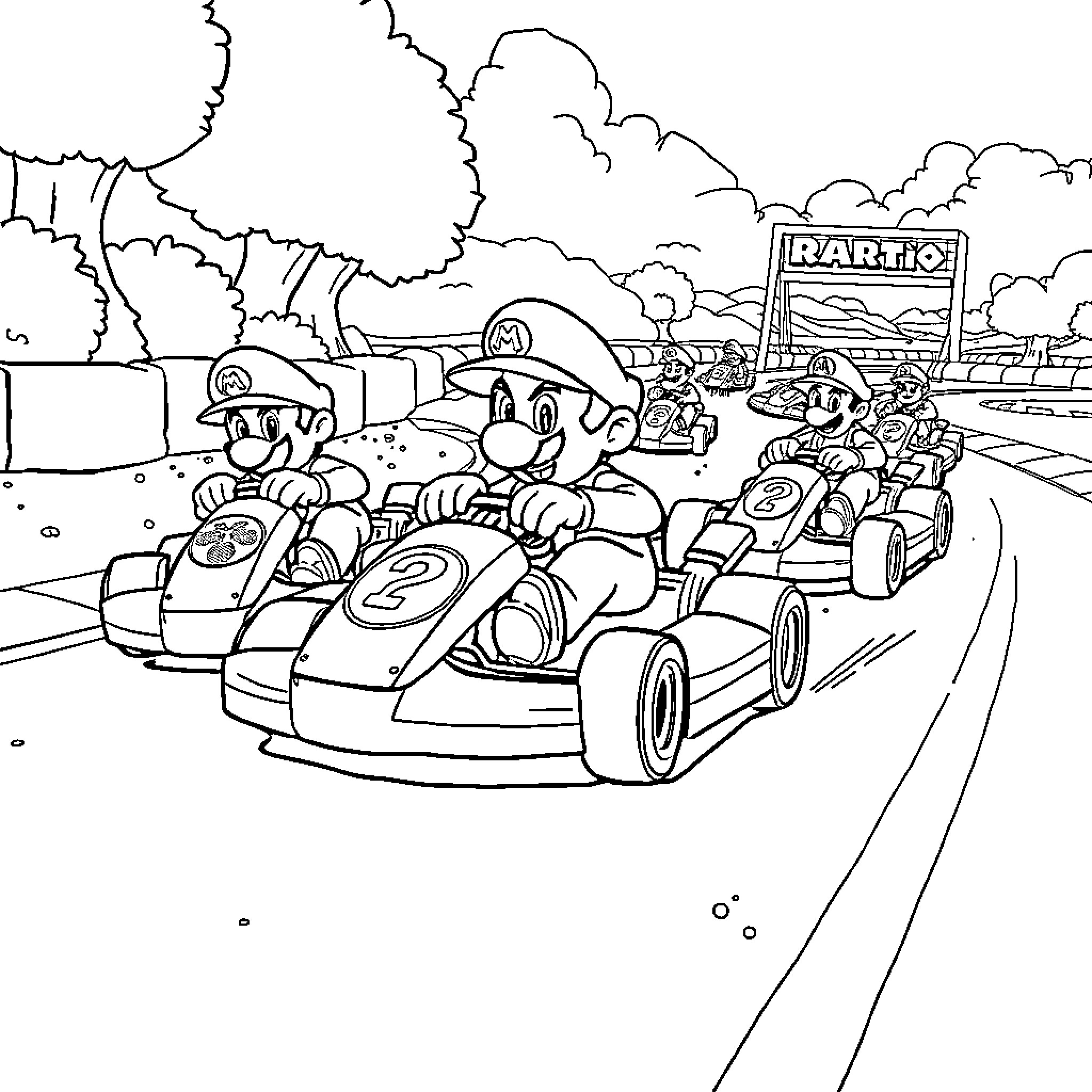 Mario Kart Racers Competing on the Track Coloring Page (free black-and-white line drawing printable PDF for all, from beginners to advanced learners, including children, teens, adults, and seniors)