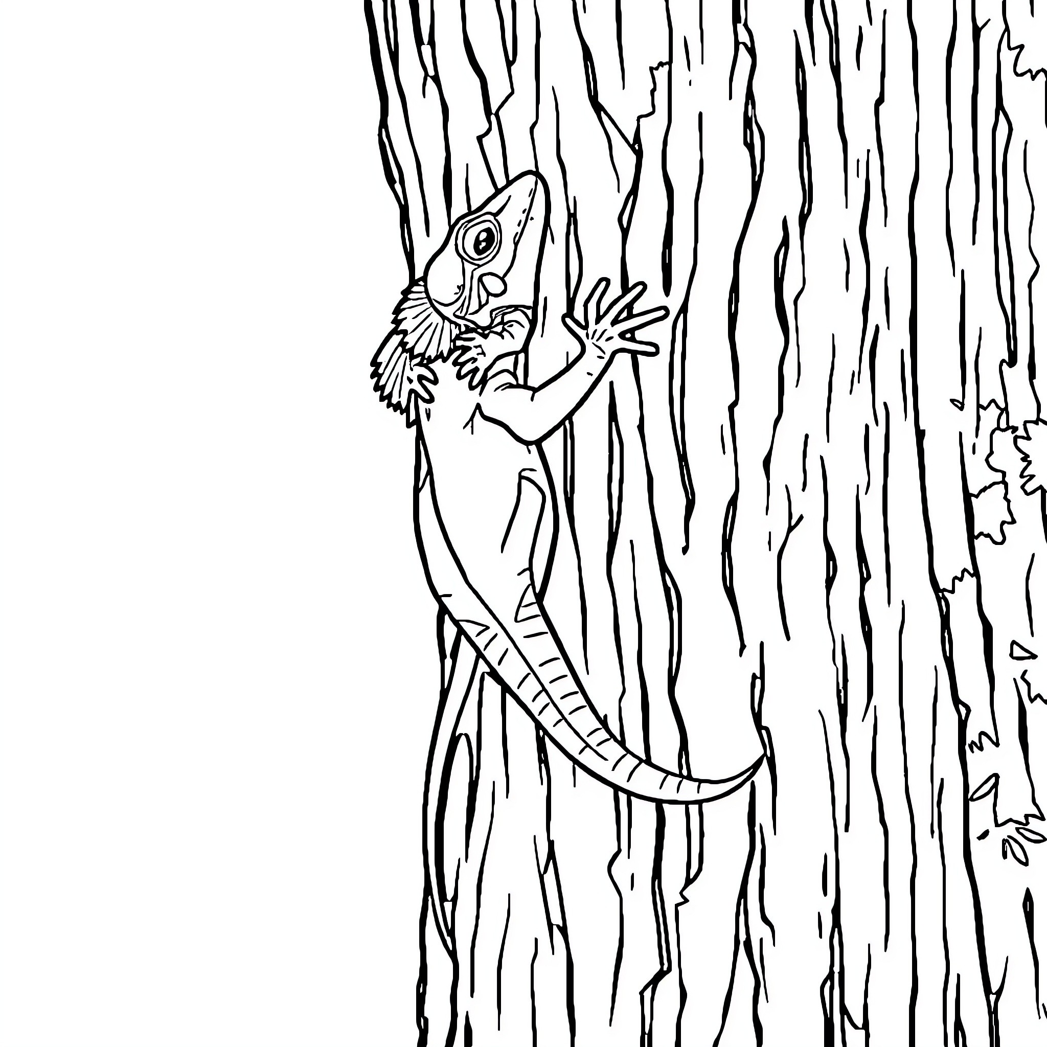 Crested Gecko climbing on the tree trunk Coloring Page (free black-and-white line drawing printable PDF for all, from beginners to advanced learners, including children, teens, adults, and seniors)