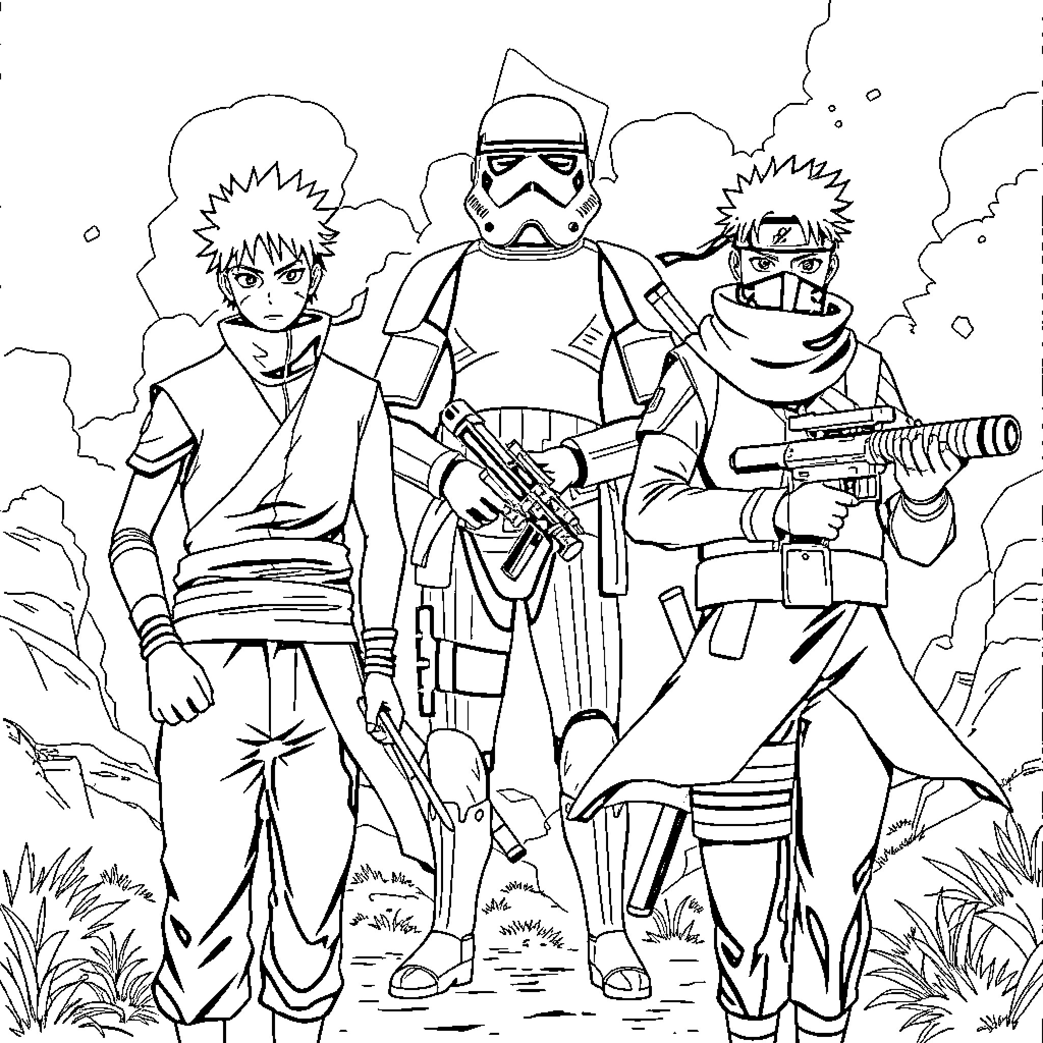 Roronoa Zoro, Stormtroopers, and Naruto in action-packed scene Coloring Page (free black-and-white line drawing printable PDF for all, from beginners to advanced learners, including children, teens, adults, and seniors)