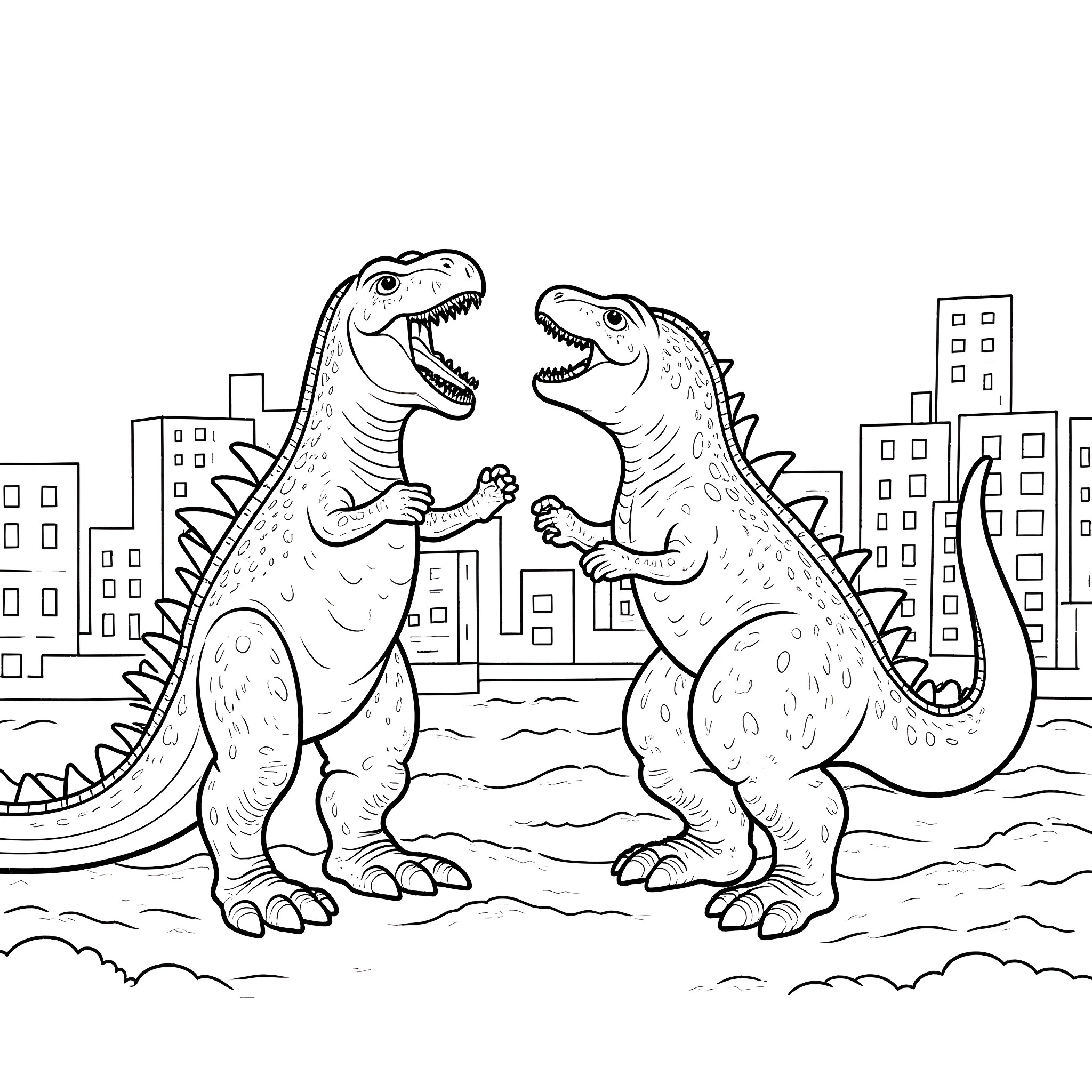 T-Rex Dinosaurs Fighting in the City Coloring Page (free black-and-white line drawing printable PDF for all, from beginners to advanced learners, including children, teens, adults, and seniors)