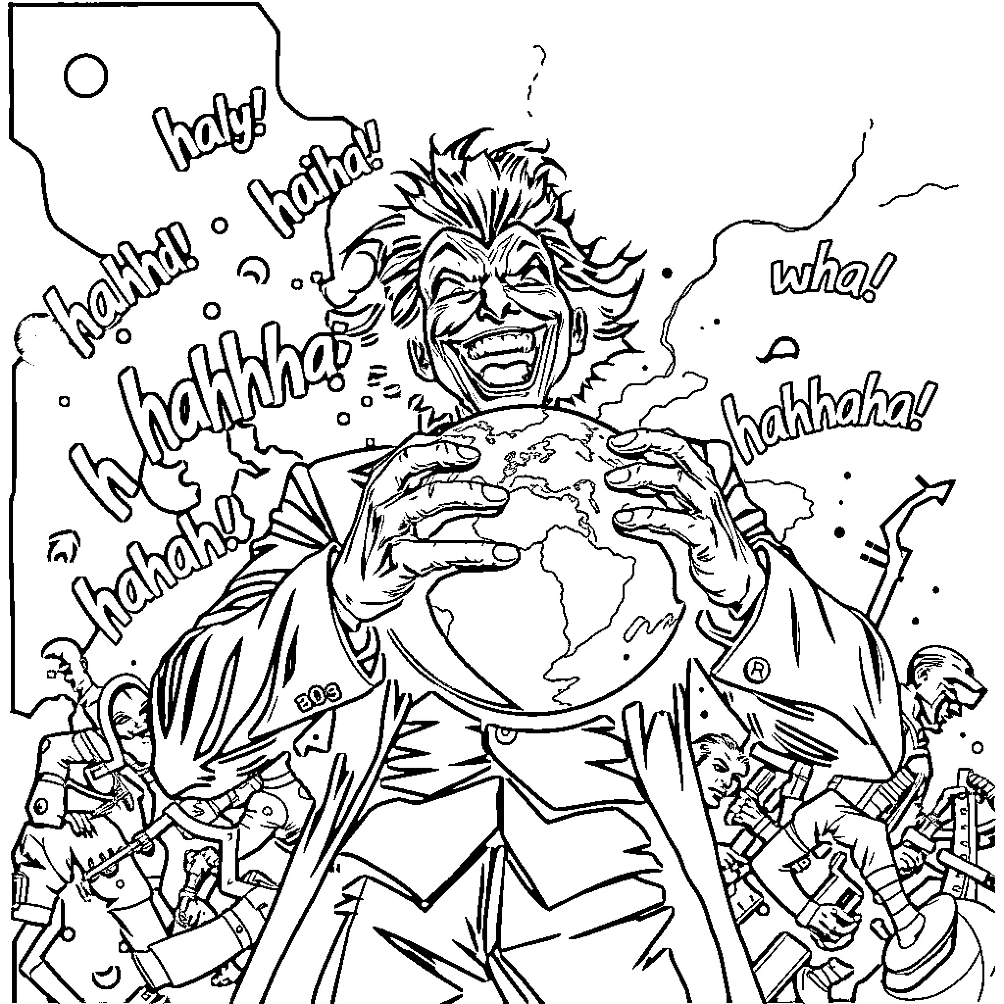 Joker maniacally laughing and holding the world Coloring Page (free black-and-white line drawing printable PDF for all, from beginners to advanced learners, including children, teens, adults, and seniors)