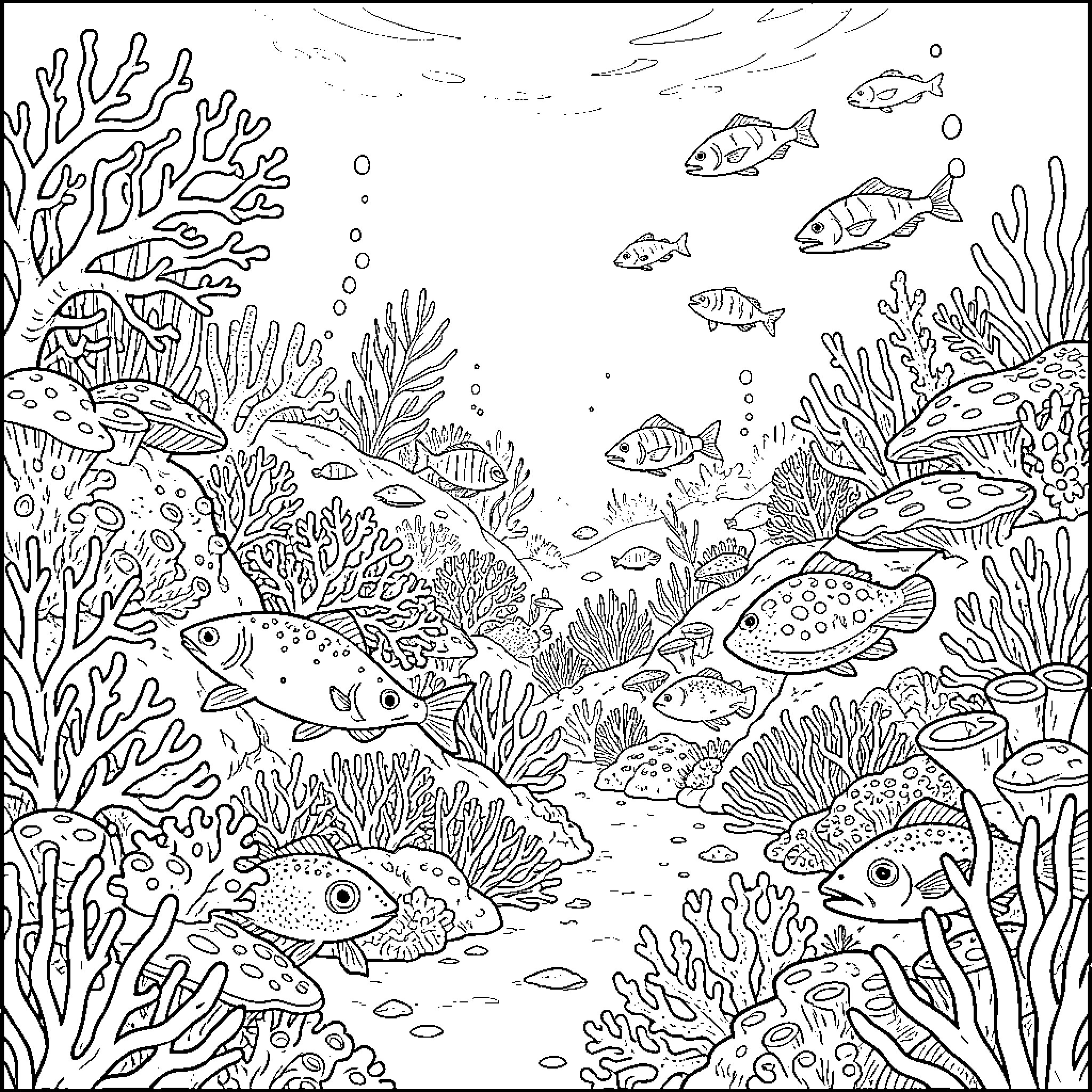 Subnautica: Underwater Exploration and Marine Life Coloring Page (free black-and-white line drawing printable PDF for all, from beginners to advanced learners, including children, teens, adults, and seniors)